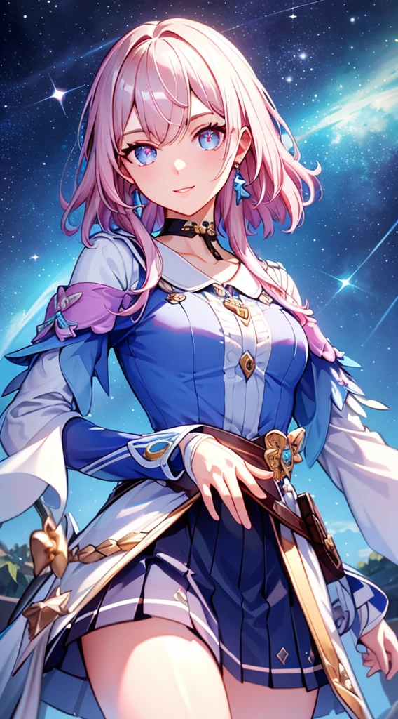 Marhd, Mards, 1girl, solo, skirt, gloves, earrings, jewelry, bangs, blue eyes, pink eyes, black gloves, long sleeves, blue skirt,  choker, fingerless gloves, white shirt, hair between eyes, short hair, single glove, pleated skirt, partially fingerless gloves, purple eyes, jacket, multicolored eyes,   (masterpiece:1.6, best quality),  (finely detailed beautiful eyes: 1.2), ultra-detailed, illustration,beautiful detailed eyes,