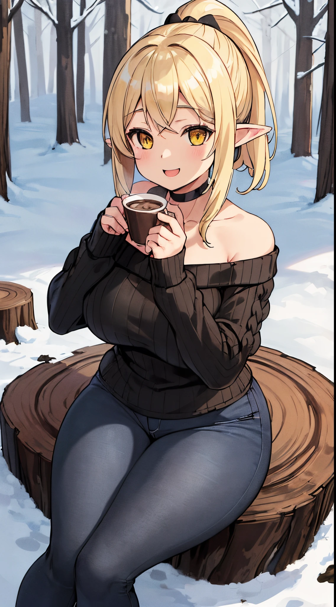 masterpiece, best quality, highres, ((Slim thicc waifu:1.3)), large breasts, elf, yellow eyes, short blonde hair in a high ponytail, (black choker), (black sweater), (black jeans), jewelry, cowboy shot, playing in the snow, winter, happy, smiling, black and white scarf, sitting on tree stump, holding hot chocolate