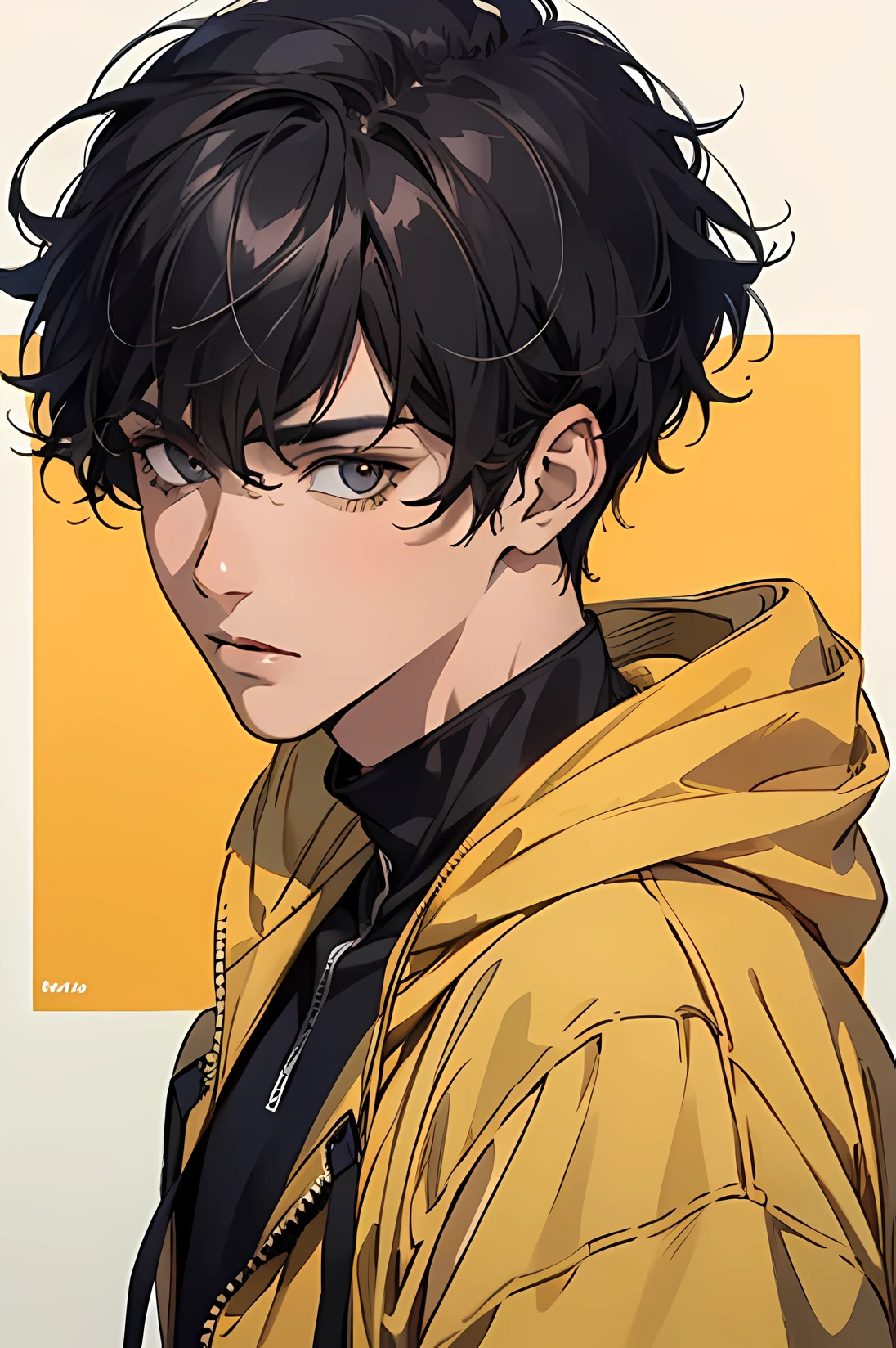 ((best quality)), ((masterpiece)), (detailed), perfect face, 1boy, solo, handsome, yellow hoodie, curly black hair, looking at viewer, portrait, talking to viewer, Fujimoto Style