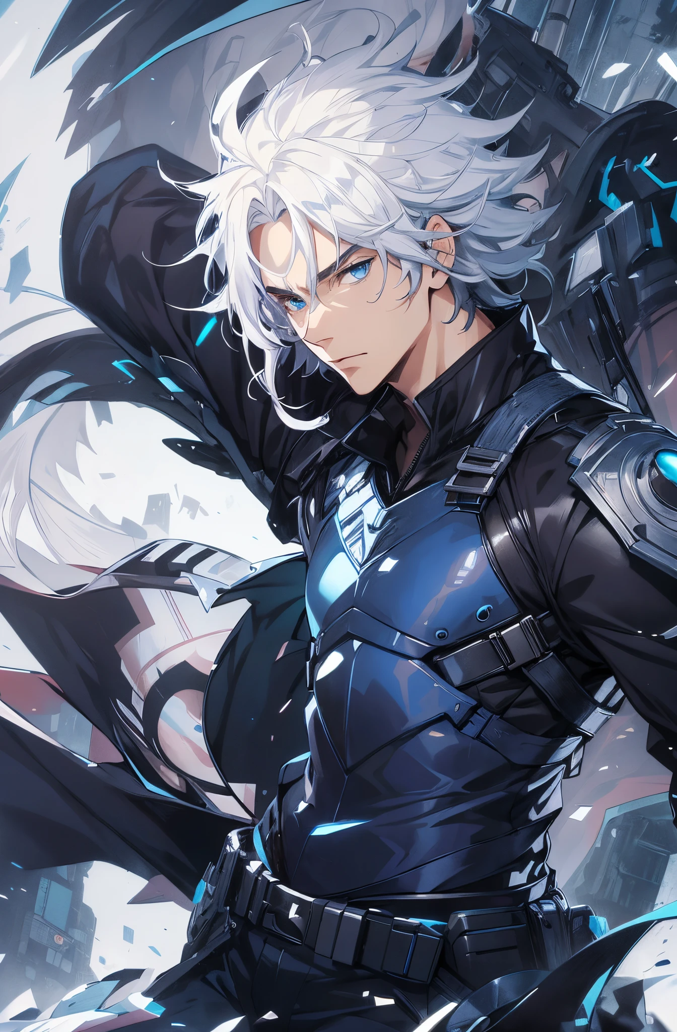 1man, handsome, wild white hair, blue eyes, wearing combat suit, masterpiece, 4k, top quality, highly detailed, official art