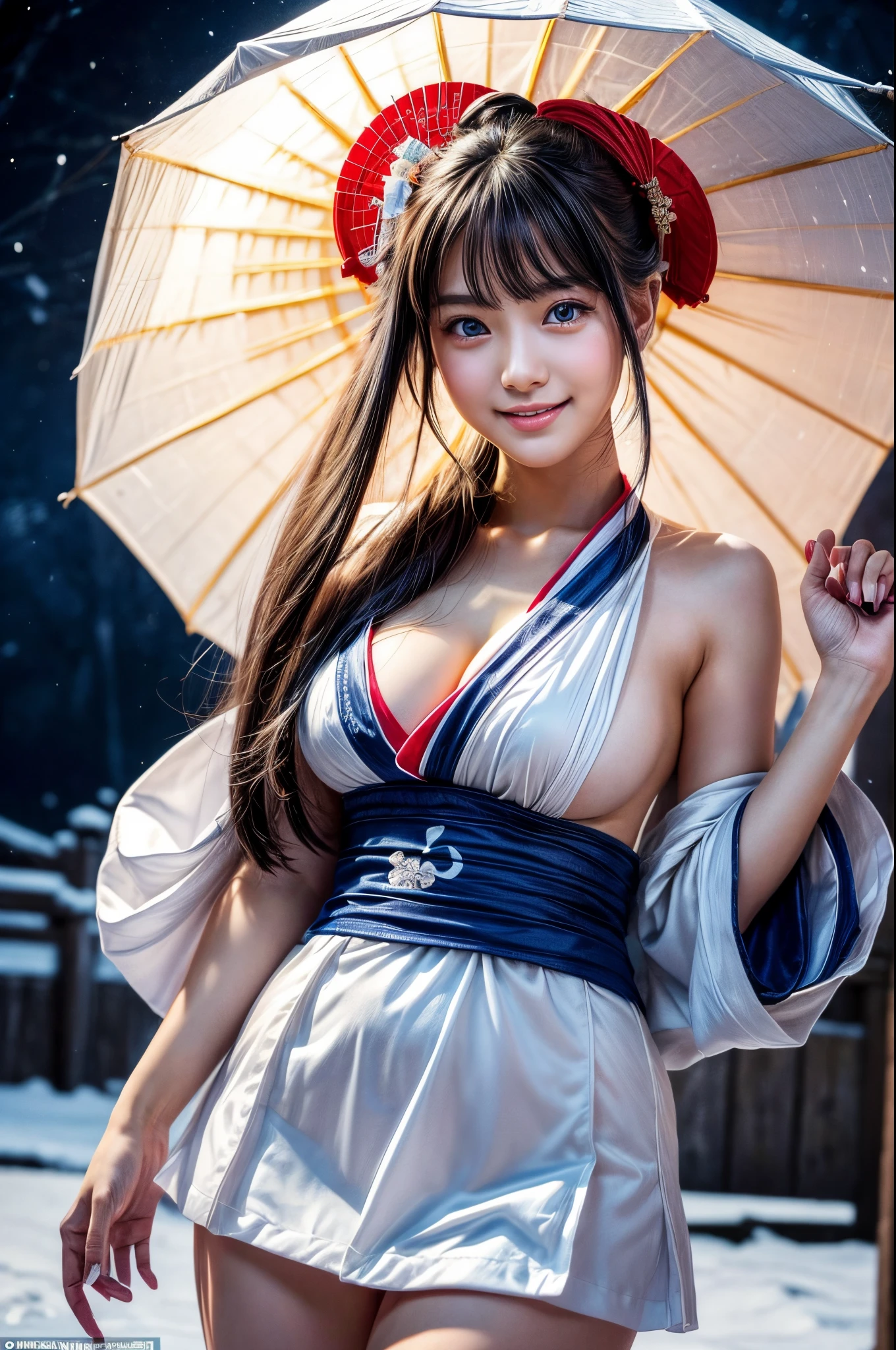 (masutepiece:1.3, Photorealsitic:1.4, 8K), top-quality, ​masterpiece, 超A high resolution, Perfect dynamic composition, Highly detailed skin and facial texture:1.3, A detailed eye, Detailed limbs, Night precincts in snowy country:1.2, 1girl in, Cute sexy 22 year old slim woman, Fair skin, ((Natural smile:0.9, Totally captivates you:1.0)), ((accurate shrine maiden costume)), ((voluptuous breasts:0.9)), (Facing the front, randome pose), (Beautiful blue eyes, Eyes that feel beautiful eros:0.85), Sexy face:0.4, (A mouthfeel that feels beautiful eros:0.85), ((Too cute beauty:0.9))