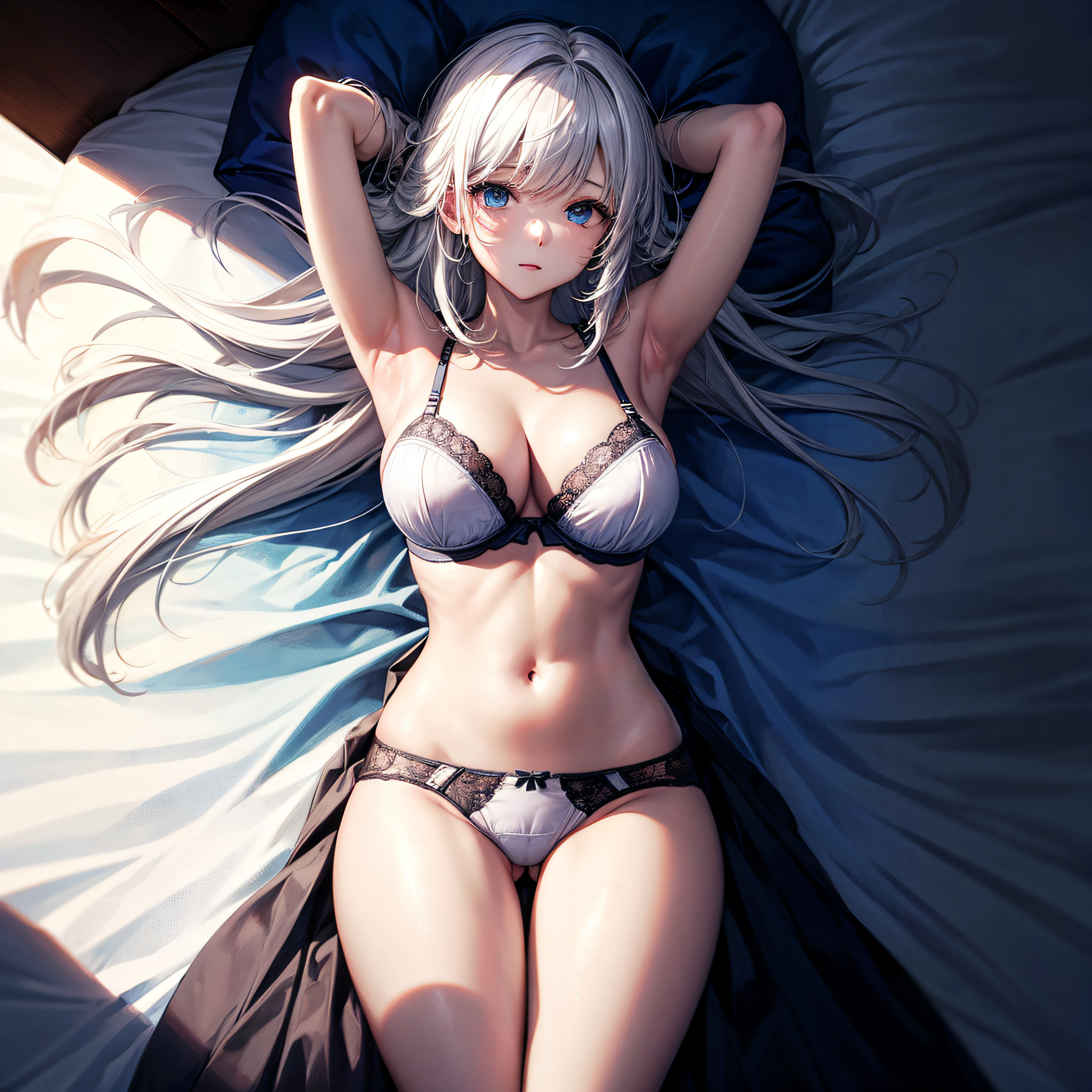 realisitic、top-quality、(One Woman:1.5)、White hair、length hair、Blue eyes、F-cup、Lying in bed、opens legs、Thin underwear of fabric、opens legs、hands above your head
