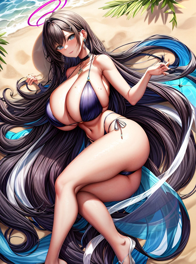 A large amount of transparent liquid spills,cabelos preto e longos,A beautiful Blue eyes,proporções perfeitas,The eyes are bright,choker necklace,ear jewelry,Pink and moist lips,Face is perfectly illuminated,Bukkake),1 Erotic Busty Beauties,Lying on the beach,legs separated,A large amount of transparent liquid spills,Hair is shiny,The halo,,Elegant and beautiful hairpins,with black curled hair,bare-legged,Slingshot bikini,reasonable action,((8K,tmasterpiece,realistically),(hyper-detailing,ultraclear,natural,Whole body diagram),Huge cleavage,Heavy breasts,Very soft boobs and ass,thick leg,stretch the meat,Fair and hydrated skin。a large amount of fluid is overflowing