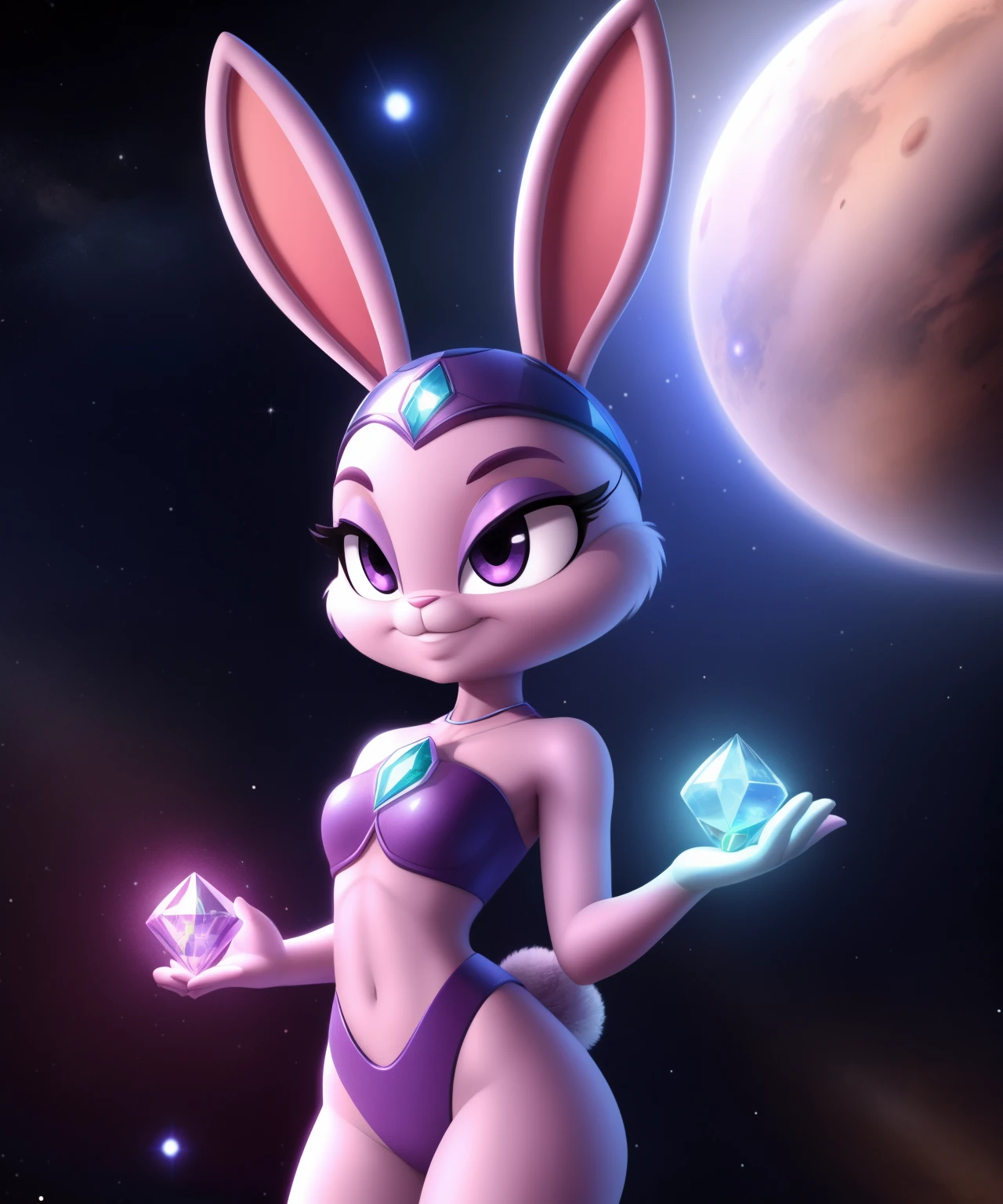 Moony the female alien hybrid rabbit, antennas on her head, light purple skin, tiny toons style, space in the background, cgi, glowing powers, gem on her forehead