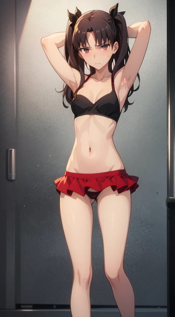 masterpiece, best quality, highres, Tohsaka Rin, 1girl, solo, busty, normal breasts, blond hair, bob hair, sport bra, short skirt, looking at viewer, full body, standing, simple background, (erotic pose:1.4), blush, flustered, (panties exposed:1.3), ((arms behind head, double armpits, standing)), Half body, upper body, In the middle, symmetrical,