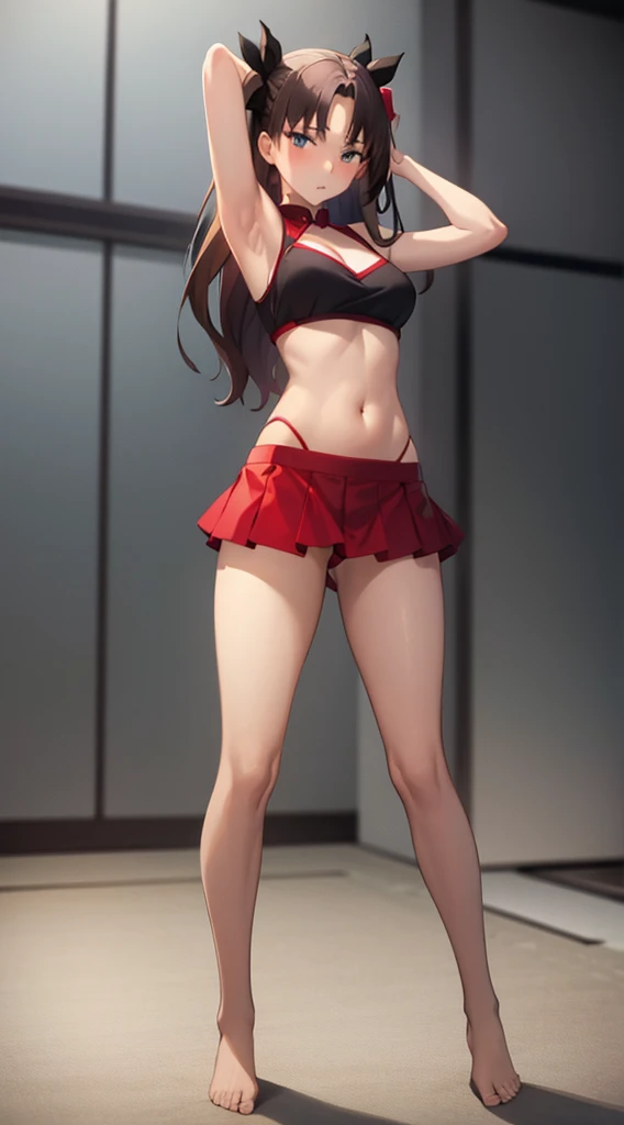 masterpiece, best quality, highres, Tohsaka Rin, 1girl, solo, busty, normal breasts, blond hair, bob hair, sport bra, short skirt, looking at viewer, full body, standing, simple background, (erotic pose:1.4), blush, flustered, (panties exposed:1.3), ((arms behind head, double armpits, standing)), Half body, upper body, In the middle, symmetrical,