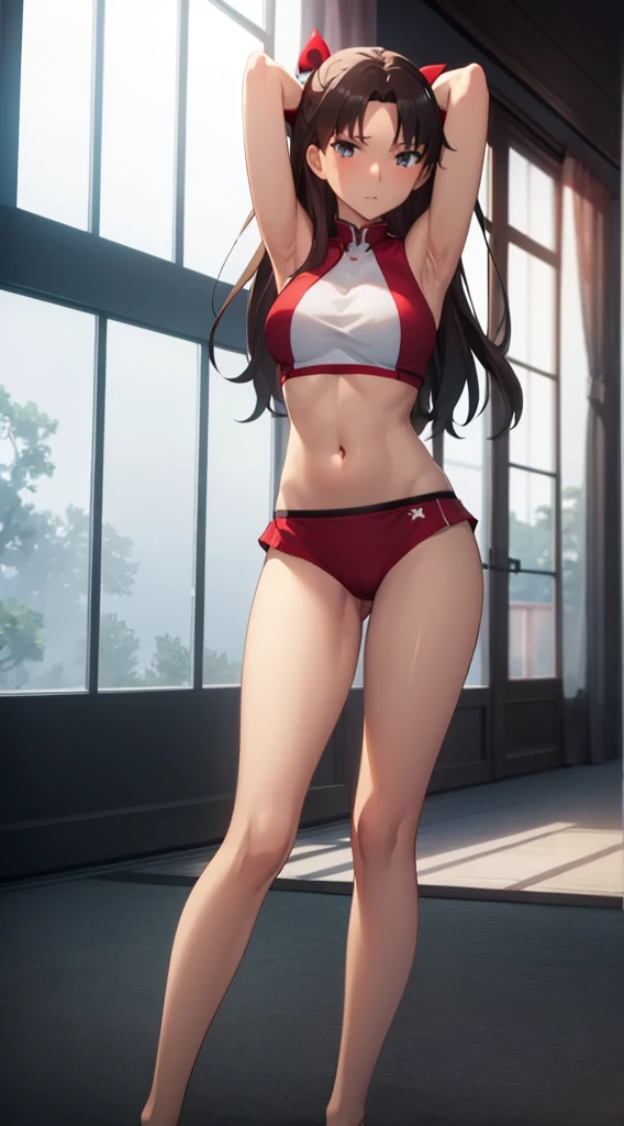 masterpiece, best quality, highres, Tohsaka Rin, 1girl, solo, busty, normal breasts, blond hair, bob hair, sport bra, short skirt, looking at viewer, full body, standing, simple background, (?????? pose:1.4), blush, flustered, (panties exposed:1.3), ((arms behind head, double armpits, standing)), Half body, upper body, In the middle, symmetrical,