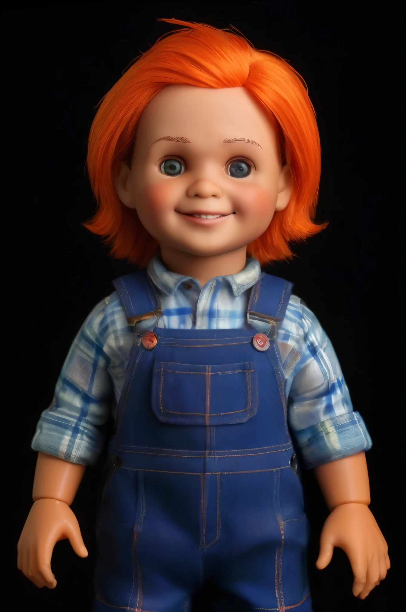 best quality, high resolution, master part: 1.2), ultra-detalhado, retrato, horror, [inspirado em mocinhos], [boneca], assustador, hideous, [Perfect appearance], tamanho real, tipo boneco, mocinhos Chukey, With denim overalls and orange and red plaid outfit