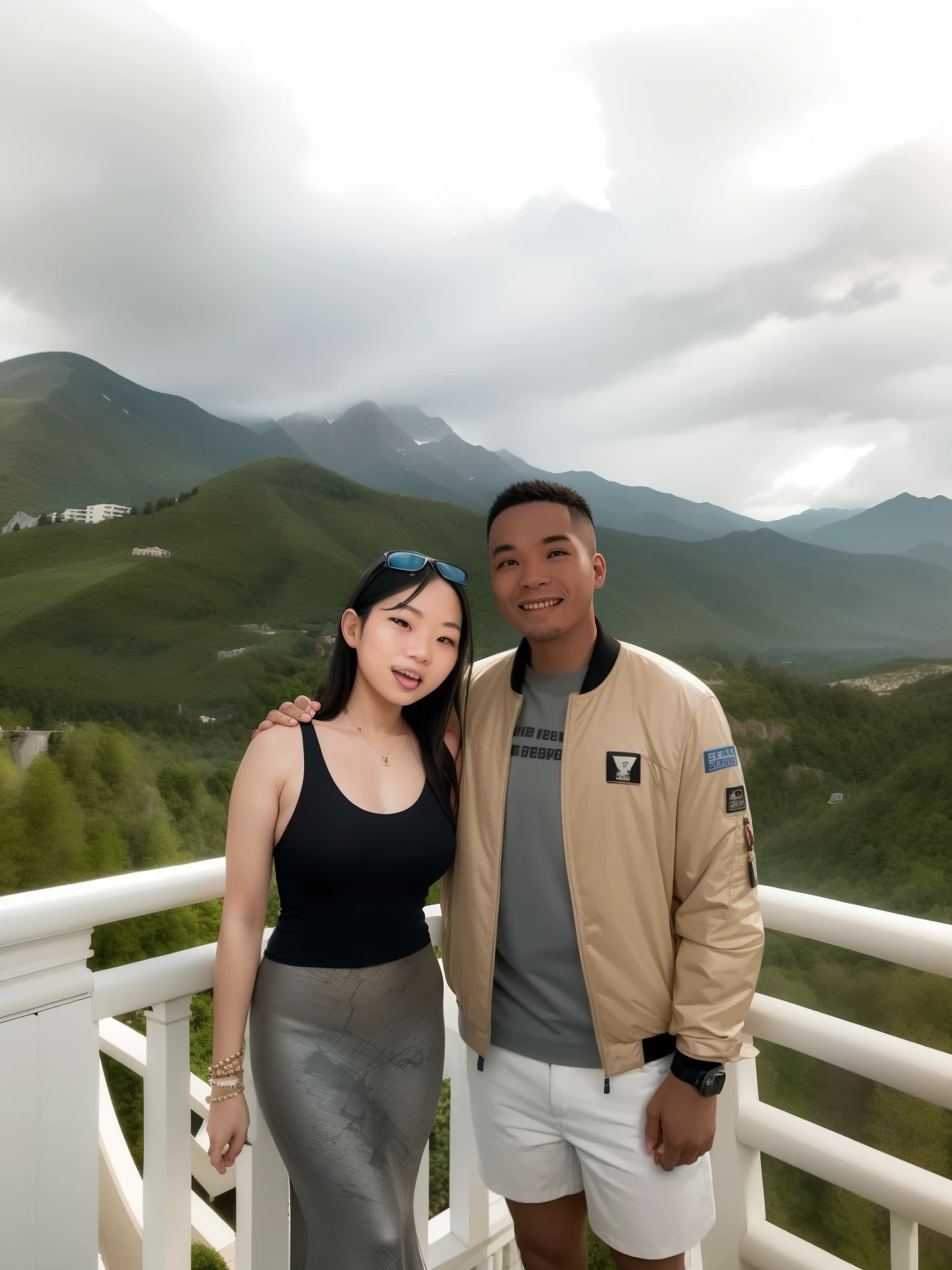 there are two people standing on a balcony with a mountain in the background, with mountains in the background, with mountains in background, with mountains as background, tyler edlin and natasha tan, mountains in the background, in mountains, hills in the background, epic mountains in the background, vacation photo, moutain in background, in the mountains