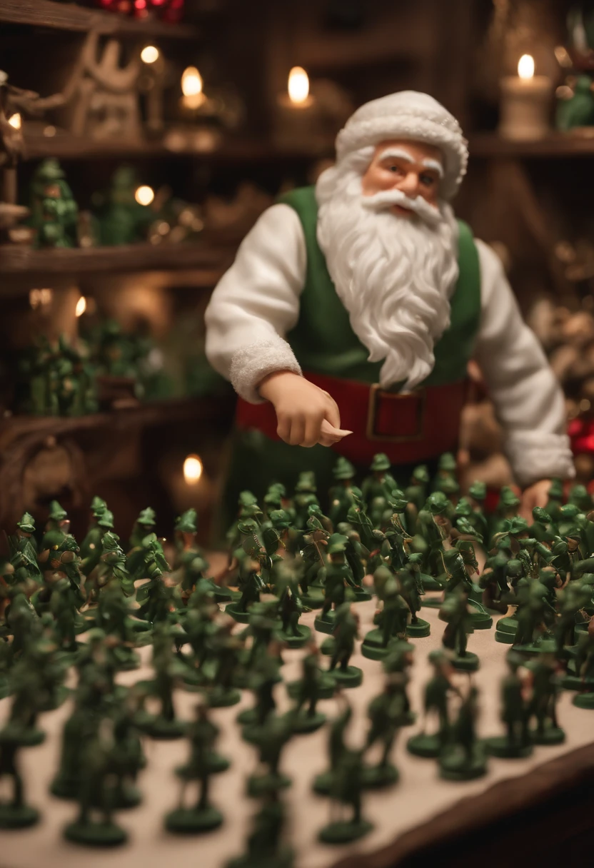 A close-up of Elfred meticulously arranging a display of toy soldiers in the workshop,original,As the head elf, Elfred, presents a deceptive appearance with his small, sprightly frame, twinkling green eyes, and a constant smile under a neatly trimmed white beard. Ostensibly dedicated to managing Santa’s workshop, he is secretly the mastermind behind a massive global cocaine cartel. , male