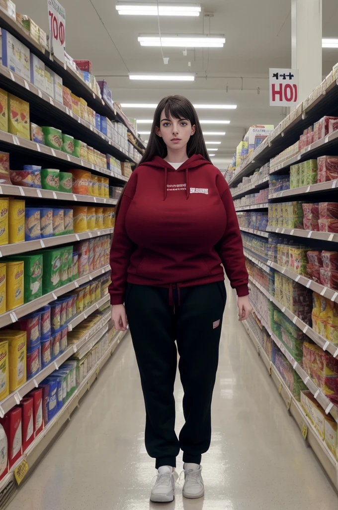 18 years old, young American girl, Anne Hathaway, (long legs:1.1), (tall:1.3), thin, slim, (very long hair:1.2), old grocery store, store shelves, sweatshirt, sweat pants, clothed, sneakers, (massive enormous gigantic colossal breasts:1.2), 8k uhd