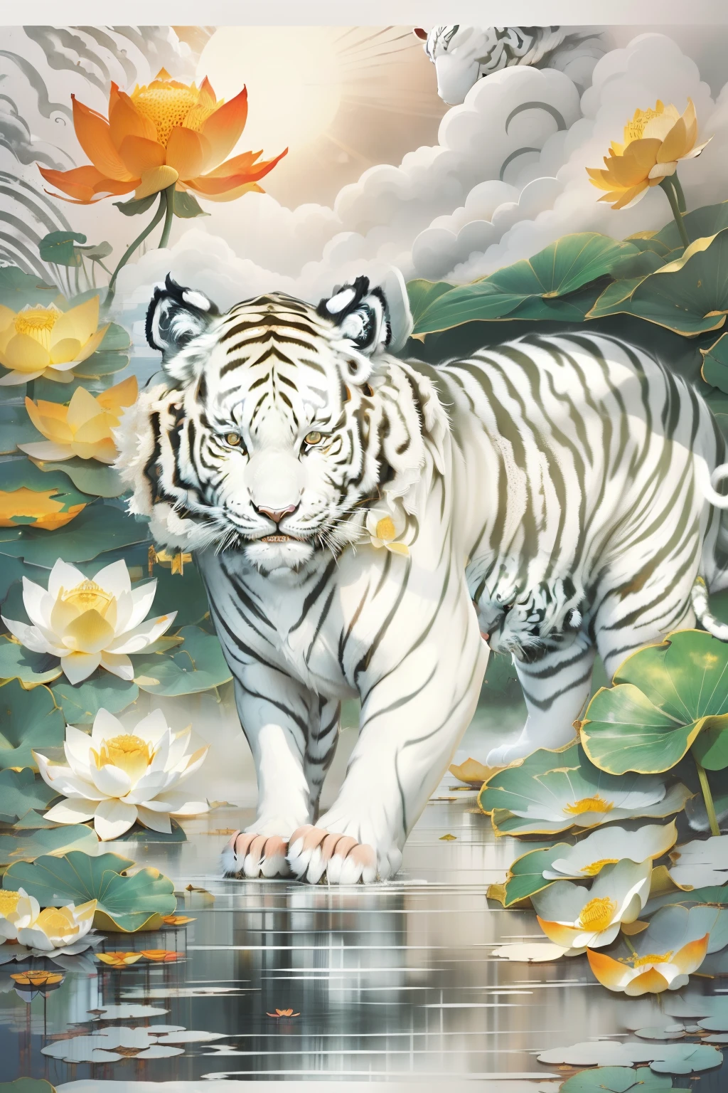 (The sun shines:1.2)，(1 white tiger:1.4),(There is a big Buddha behind:1.3)，(Stepping on lotus:1.2)，in heaven，Nasturtium blooms in the clouds，Best quality，Oriental elements，Ink painting style，Lots of white space