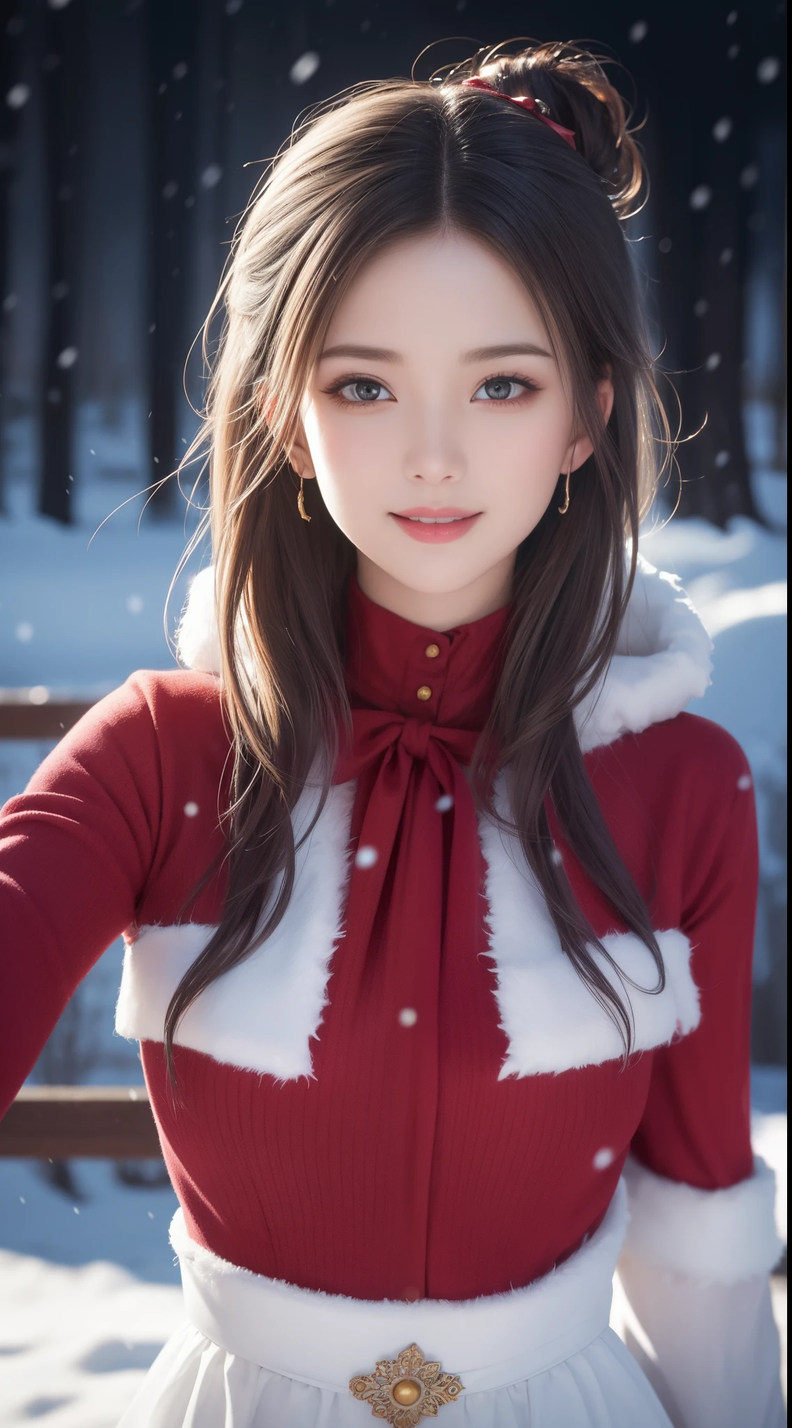 (Aesthetic, High Resolution: 1.2), full-body portrait of a beautiful 20-year-old woman wearing an intricately detailed red boby Santa Claus costume, symmetrical costume structure, bright clear eyes, happy smile, changing hairstyle, falling snow, snow in hair. Professional photographer, minimalism, conceptual art, intricate detail, 8k post-production, High Definition, Ultra Detail, trending on ArtStation, sharp focus, artistic dark studio photos, details Intricate details, Highly detailed, By Greg Rutkowski, professional light and dark art, Vibrant colors. Outdoor winter scene with snow in the evening, A slight smile, True art, many hairstyles and color changes, Passionate mood, Seductive expressions, Sexy lips, Wet lips, Eyes seductive aim, seductive appearance, seductive posture.