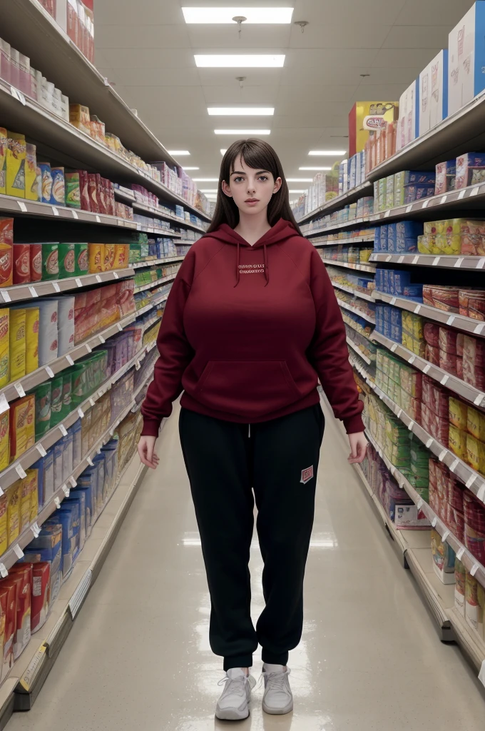 18 years old, young American girl, Anne Hathaway, (long legs:1.1), (tall:1.3), thin, slim, (very long hair:1.2), old grocery store, store shelves, sweatshirt, sweat pants, clothed, sneakers, (massive enormous gigantic colossal breasts:1.16), 8k uhd