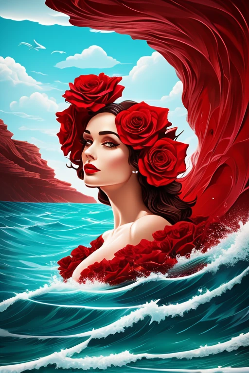 woman，red rose，the ocean，swell sea，Surrealism art style