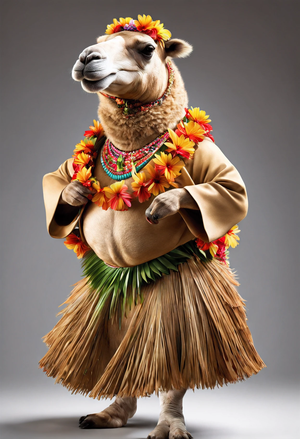 photorealistic portrait of Dressed animals - a fat camel hula dancer,(dancing), high quality,(lovely) intricate details highly detailed hula costume ,flower lay, studio lighting,(full body image:1.5)