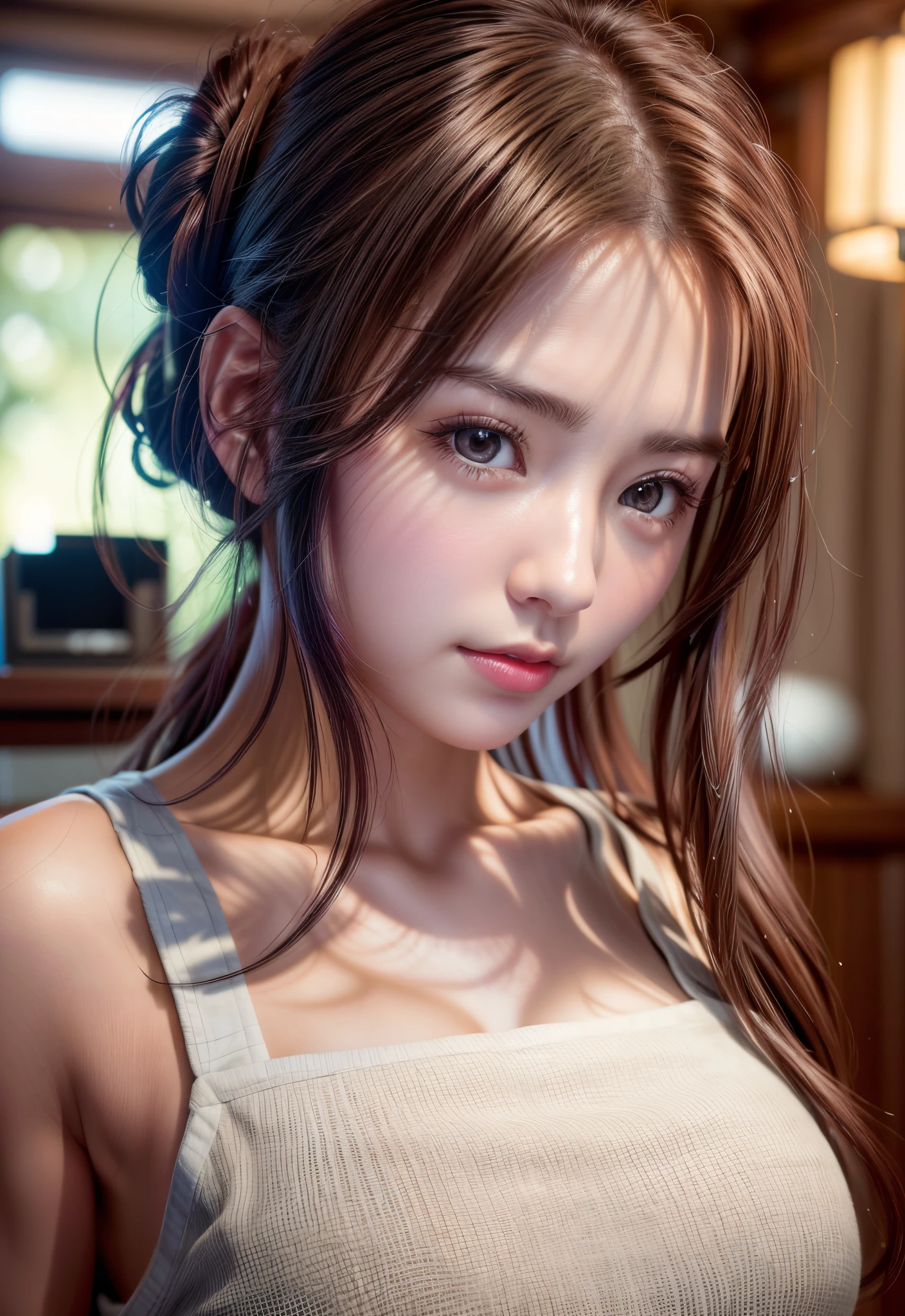 8K,Best Quality, masutepiece, 超A high resolution, (Photorealistic:1.4), Raw photo, (Authentic skin texture:1.3), (Film grain:1.3), (Selfie angle),1girl in, Bun hairstyle, Brown hair, Sitting, Chair, bored, Hand supporting chin, beautiful detailed eyes and face,masutepiece, Best Quality,close-up,upper bod,