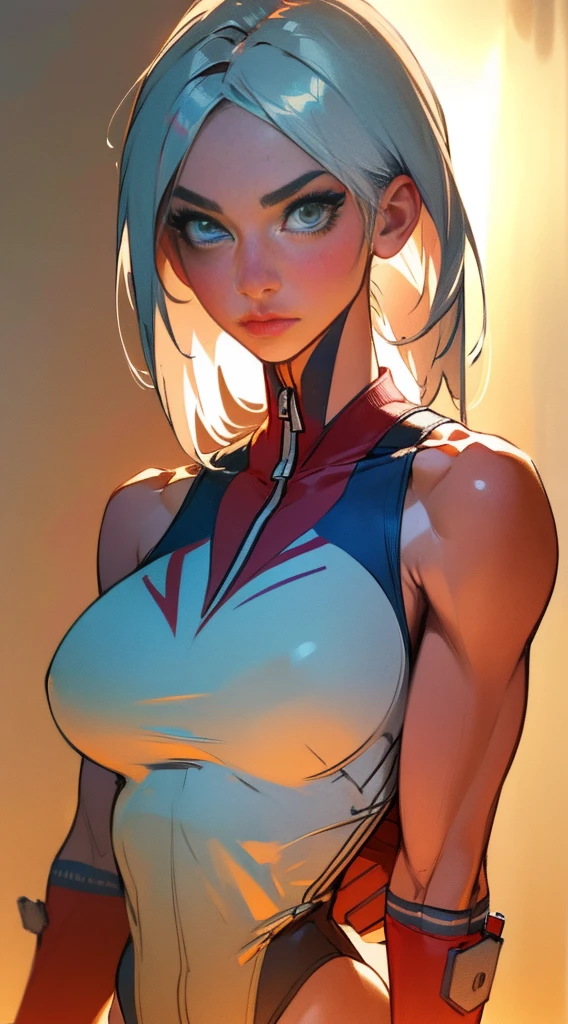 Drawing of platinum blonde katopunk female fitness model, toned body, feminine, huge upper body, torso shot, wide shoulders, veins, beautiful face, detailed eyes, perfect eyes, makeup, full lips, slim face, high cheekbones,(best quality, highres, ultra-detailed, realistic), muscular arms, defined abs, confident expression, ((light silver gray gymsuit)), lovely gaze, light colors, dynamic lighting, artwork, blank background