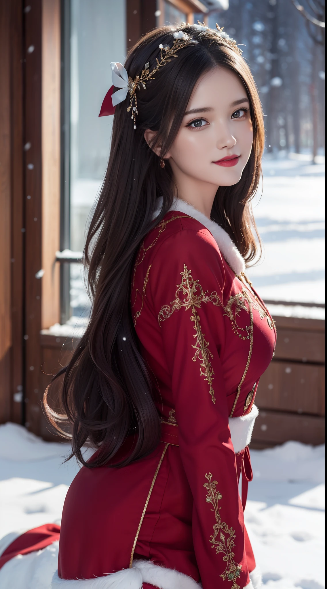 (Aesthetic, High Resolution: 1.2), full-body portrait of a beautiful 20-year-old woman wearing an intricately detailed red boby Santa Claus costume, symmetrical costume structure, bright clear eyes, happy smile, changing hairstyle, falling snow, snow in hair. Professional photographer, minimalism, conceptual art, intricate detail, 8k post-production, High Definition, Ultra Detail, trending on ArtStation, sharp focus, artistic dark studio photos, details Intricate details, Highly detailed, By Greg Rutkowski, professional light and dark art, Vibrant colors. Outdoor winter scene with snow in the evening, A slight smile, True art, many hairstyles and color changes, Passionate mood, Seductive expressions, Sexy lips, Wet lips, Eyes seductive aim, seductive appearance, seductive posture.