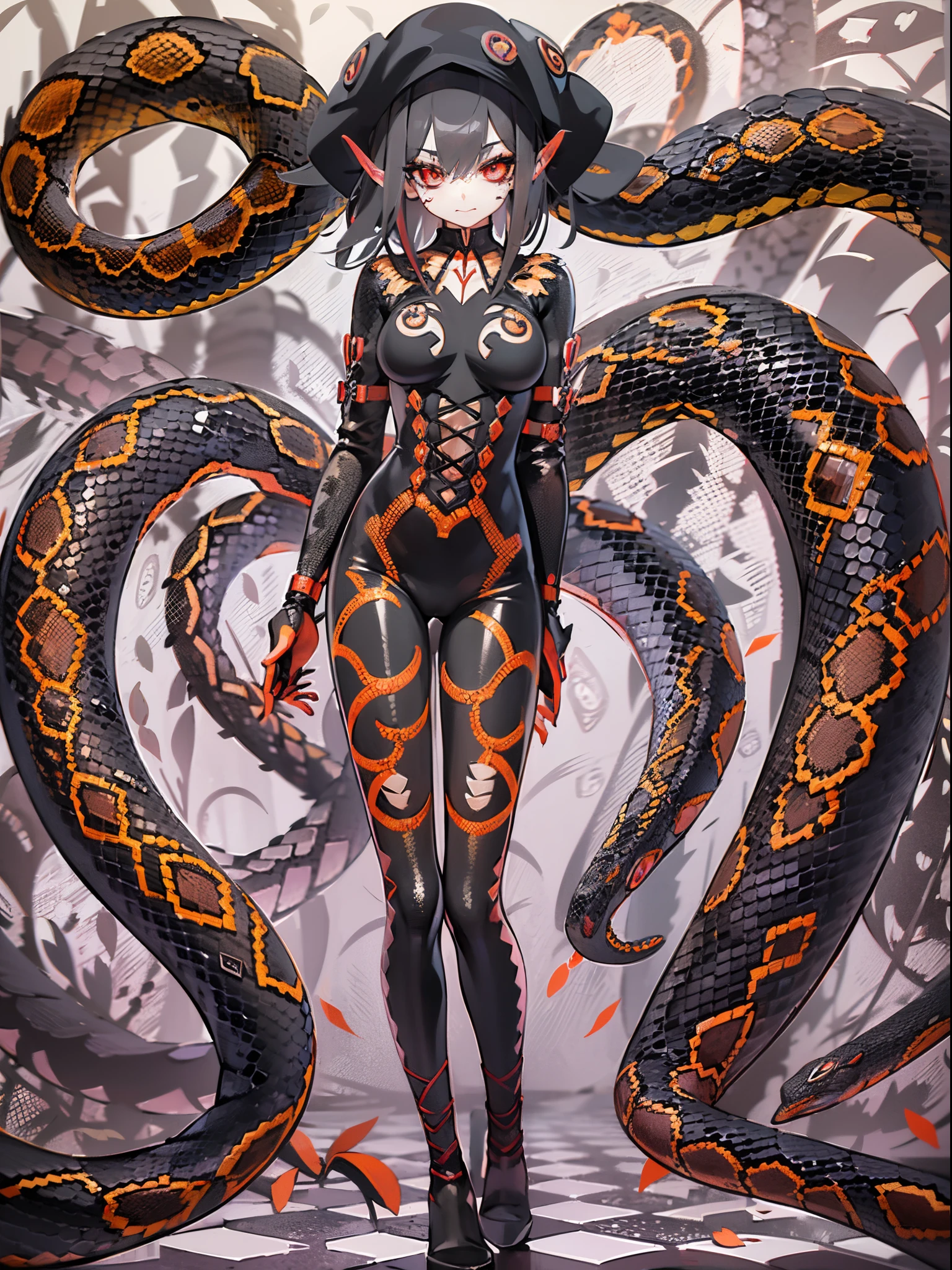 1 cute demon anime girl with electrifying eyes, big red snake eyes, her palms spread out in front of her face, blood dripping from her fingers, long black claws, black lipstick, a silvery short bob, and a pet snake on her body. wrapped around each other, ((black) (tight fit) (python pattern: 1.5) full body suit), ((red) (lace-up: 1.2) long boots), depth of fields, incredibly absurdres, super detailed illustration, extra detailed face, raw photography, DeviantArt trends, Pointier.