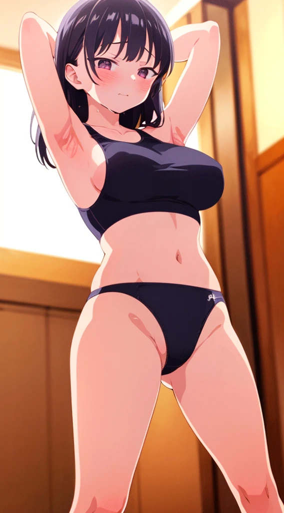 masterpiece, best quality, highres, Yamada Anna, 1girl, solo, busty, large breasts, black hair, long hair, sport bra, short skirt, looking at viewer, full body, standing, simple background, (erotic pose:1.4), blush, flustered, (panties exposed:1.3), ((arms behind head, double armpits, standing)), Half body, upper body, In the middle, symmetrical,