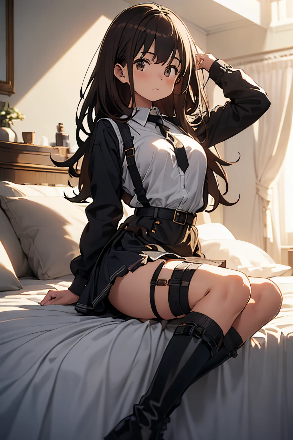 ​masterpiece、flat-colors、depth of fields、lens flare 1 girl、、Brown hair、watching at viewers　　　black suspenders　　　Bulging big breasts　　 　 　　　walls: 　Black miniskirt　garters　　　　　　Gaze　　　Small face　bangss 　　　holster　　Belt Armament　Beautuful Women　srestrained　hands up　Lying in bed　Leg holster lying on the bed　　Gaze 　black boots panty shot