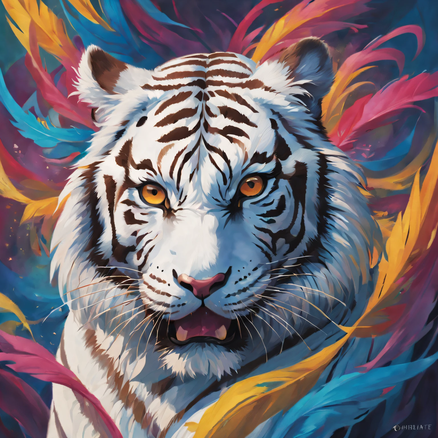 Best quality at best,ultra - detailed,actual,vivd colour,White Tiger,sportrait,illustratio,Focus sharp,Vibrant background,Delicate fur,Expressive eyes,Intense expression,Striking pose,majestic feeling,Stylized rendering,Beautiful contrast,Thick lines,Rich textures,a hint of fantasy,Unique character design,Colorful palette,dynamic compositions,dramatic lights,animal attributes,Emotional intensity,Lively brushstrokes,Strong sense of presence,noble existence,Powerful aura,Wonderful details,lifelike features,Surreal elements,a captivating gaze,condescending,Hypnotic eyes,Enigmatic Atmosphere,Vibrant brushstrokes,perfect anatomia,symbolic representation,heroic figure,Impressive figure,vivid imagination,awe-inspiring,Unforgettable artwork.