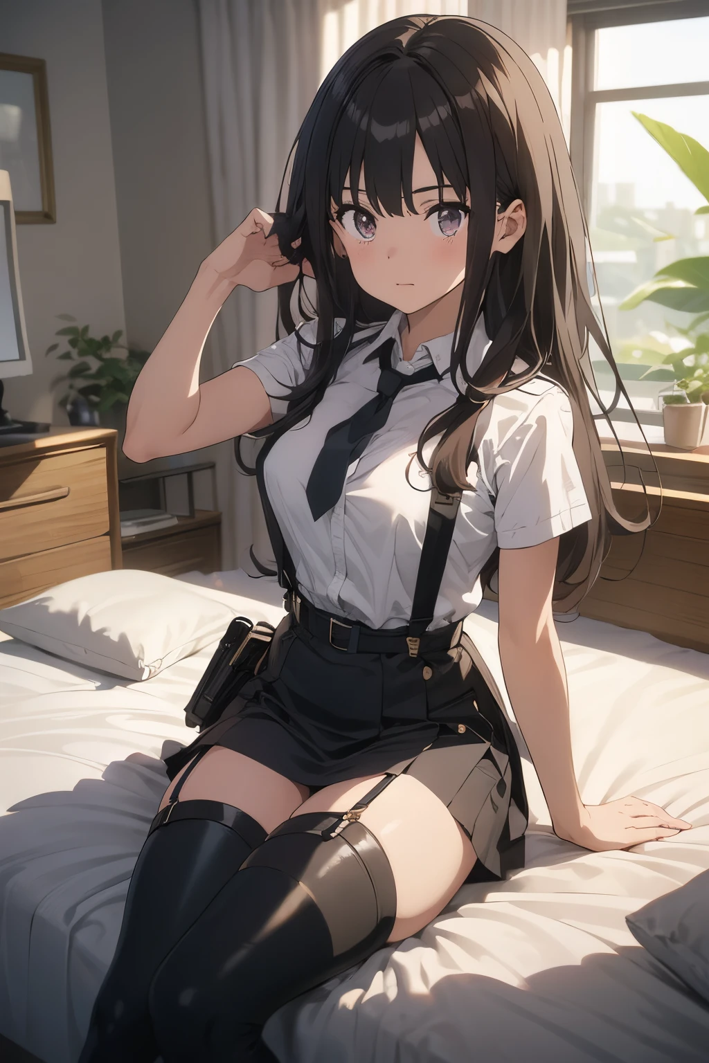 1 female, , high quality, masterpiece, Ultra-high resolution, , Cinema Lighting, , , And the suspenders with the cranes flying Moderate breasts Small face holster Lying in bed Looking up Sweat belt summer 脇Sweat Black Hole Gloves suit shirt Black jacket Black trousers Leg Links ズボンにbelt holster Hands behind your back Anxious expression Looking up Anxious face, legs apart