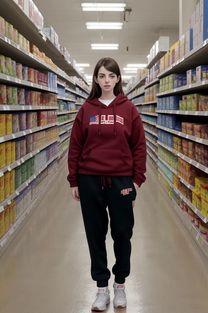 18 years old, young American girl, Anne Hathaway, (long legs:1.1), (tall:1.3), thin, slim, (very long hair:1.2), old grocery store, store shelves, sweatshirt, sweat pants, clothed, sneakers, (massive enormous gigantic colossal breasts:1.0), 8k uhd