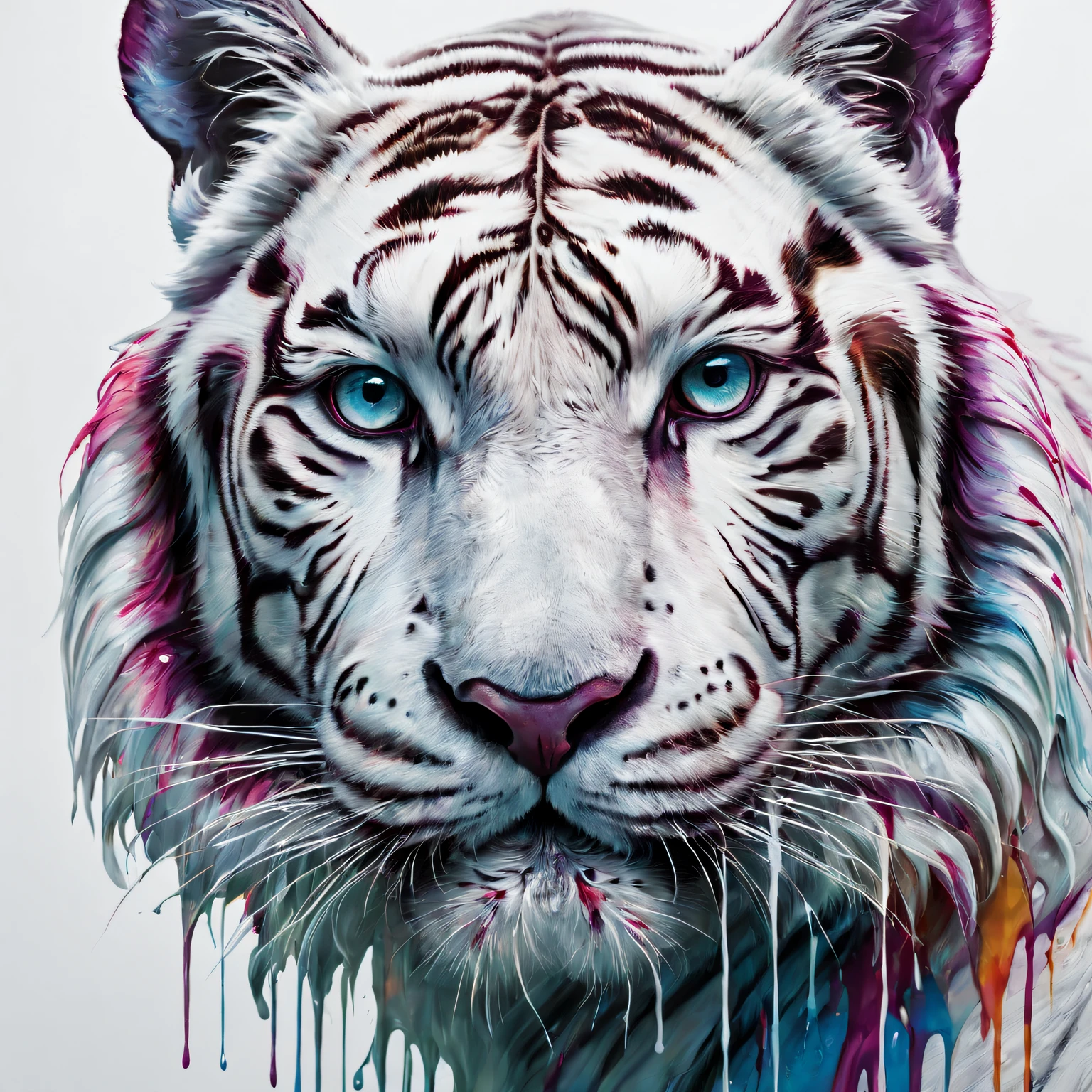 Colored ink poured on canvas, Form white tiger face. photore, Studio lighting, Sony A7, 35mm, hyper realisitc, Large depth of field, concept-art, colours, the ultra-detailed, hyper realisitc, (Large depth of field), (Moody light), (ambient lights), ((Cinematic))