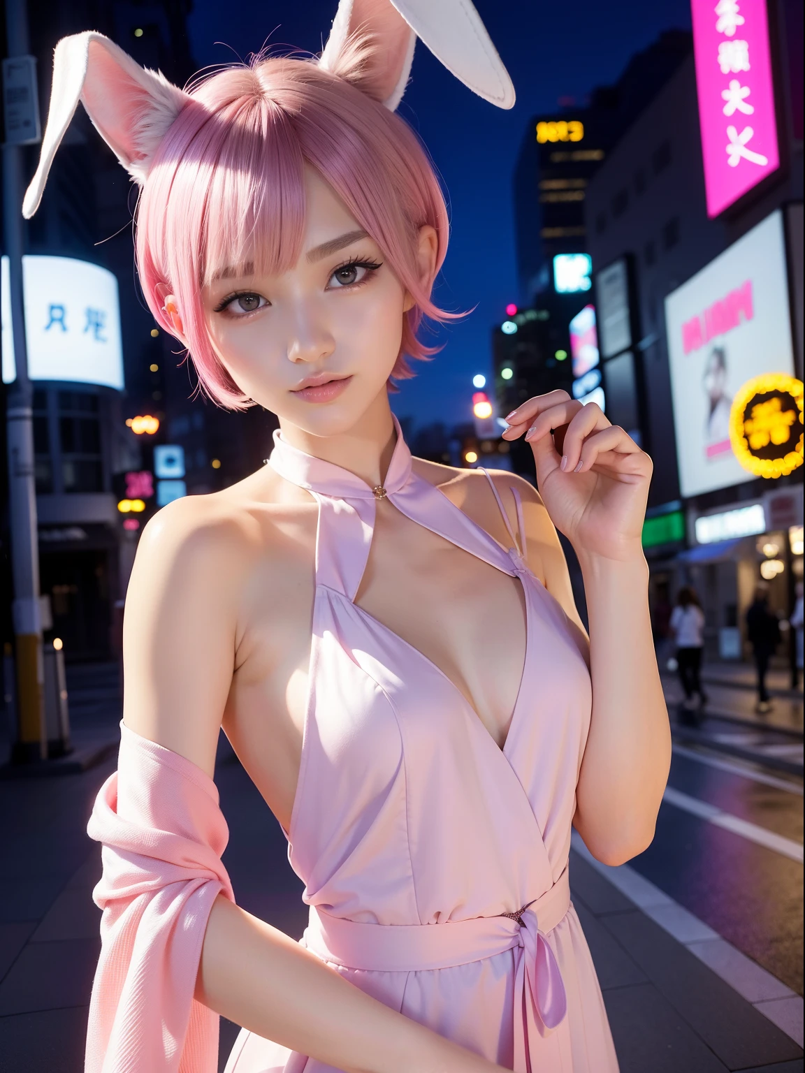 low angles、taken from the under、overall、On the street at night、mid night、Under the moonlight、The tattoo、fullnude、Pink short cut hair、fullnude(8K, top-quality, ​masterpiece:1.2), (realisitic, Photorealsitic:1.37)、cute little、独奏、(A smile:1.15)、(Mouth closed)、tiny chest、（short-hair：1.2）、masuter piece、Pink Shortcut Bob、Realistic rabbit ears、Pink realistic rabbit ears、Realistic ears of rabbits sticking out of the head、Pink hair、Beautiful girl in her 20s、Bewitching atmosphere、Beautiful shaped hands、K-POP、Pink rabbit ears、1 girl in、独奏、​masterpiece、top-quality、realisitic、Hyper-detailing、absurderes、short pink hair、Slender beauties、动态照明、hight resolution、foco nítido、depth of fields、(thick thight:1.0)、A slender :1.2，((Short-cut bob hair))、((k pop:1.3))，Highly detailed facial and skin texture、((魅惑的))，Anatomically correct number of fingers，Correct anatomy