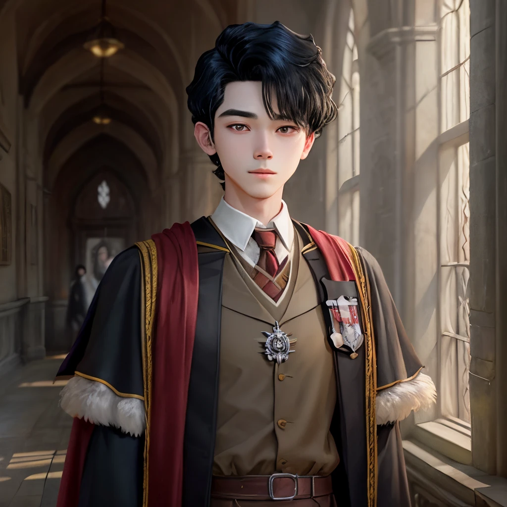 He has cold black hair, one side of his hair is slicked back, red eyes, wearing the Gryffindor uniform, standing in the hall of Hogwarts, the sky is now old, the white light shines in.  bright boy's face, manhwa art style, 3:4 ratio board