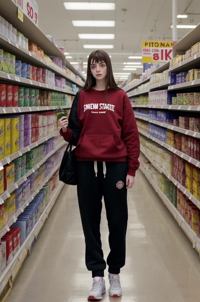 18 years old, young American girl, Anne Hathaway, (long legs:1.1), (tall:1.3), thin, slim, (very long hair:1.2), old grocery store, store shelves, sweatshirt, sweat pants, clothed, sneakers, (massive enormous gigantic colossal breasts:0.9), 8k uhd