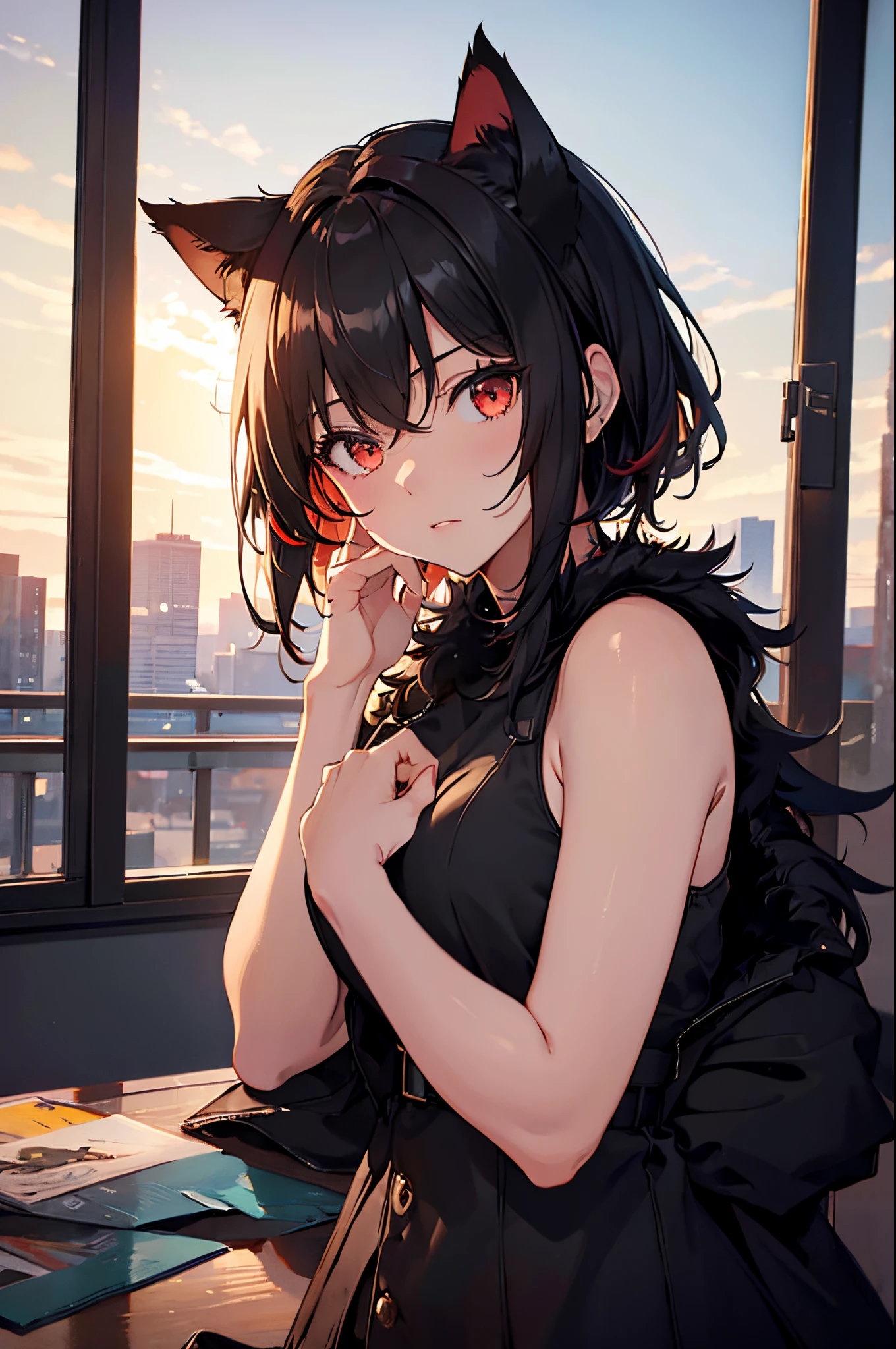 girl,black short hair,red eyes,cat ears,shaggy coat,portrait,vibrant colors,soft lighting,detailed eyes and face,(best quality,4k,8k,highres,masterpiece:1.2),ultra-detailed,(realistic,photorealistic,photo-realistic:1.37),oil painting,cozy background,flowing brushstrokes,expressive emotions,warm color palette,graceful posture,focused gaze,pensive expression,subtle shadows