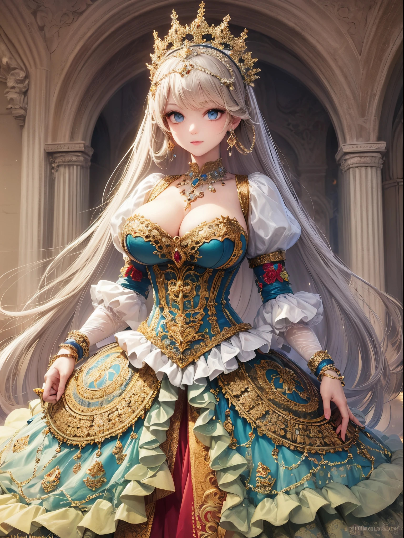 ultra-detailed, extremely detailed,((anime artstyle)),Masterpiece,(Best Quality),(Super Detail),(Very Delicate and Beautiful),((Solo)),(((full body))),full body,((detailed face and eyes)),perfect eyes, rendered eyes,jewel-like beautiful eyes,((1 princess in beautiful embroidery and jeweled gorgeous rococo ballgown with frilled voluminous full length hoop skirt)),((Crinoline)),beautiful embroidery and jeweled gorgeous rococo ballgown with frilled voluminous full length hoop skirt,(large amount of straight hair,extremely voluminous Very Long straight Hair,Absolutely Long Straight Hair),sparkly skin,(((very gigantic boobs,skindentation))),Bursting breasts,cleavage,((fantasy castle,outdoors,outside the castle)),long_gloves,extremely gorgeousfull jeweled hair ornament,(bling-bling extremely gorgeousfull jeweled tiara),(luxurious jewelry),full body,beautiful embroidery and jeweled gorgeous rococo ballgown with frilled voluminous full length hoop skirt