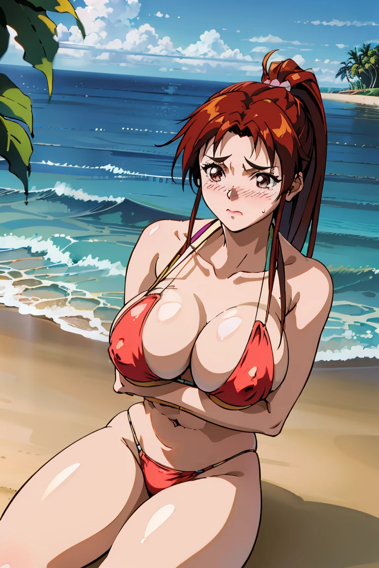 (hightquality、high-level image quality、masutepiece、4K,8K:1.1),Best Quality, High resolution, original color,1girl in,(90s anime style:1.1),(maishiranui:1),(hot onsen:1.4),(bikini of:1.4)、(Colossal tits:1.6),  (sitting on:1.2),(blush:1.4),(nose blush,embarrassed,perspiring、the beach:1.5),Looking at Viewer