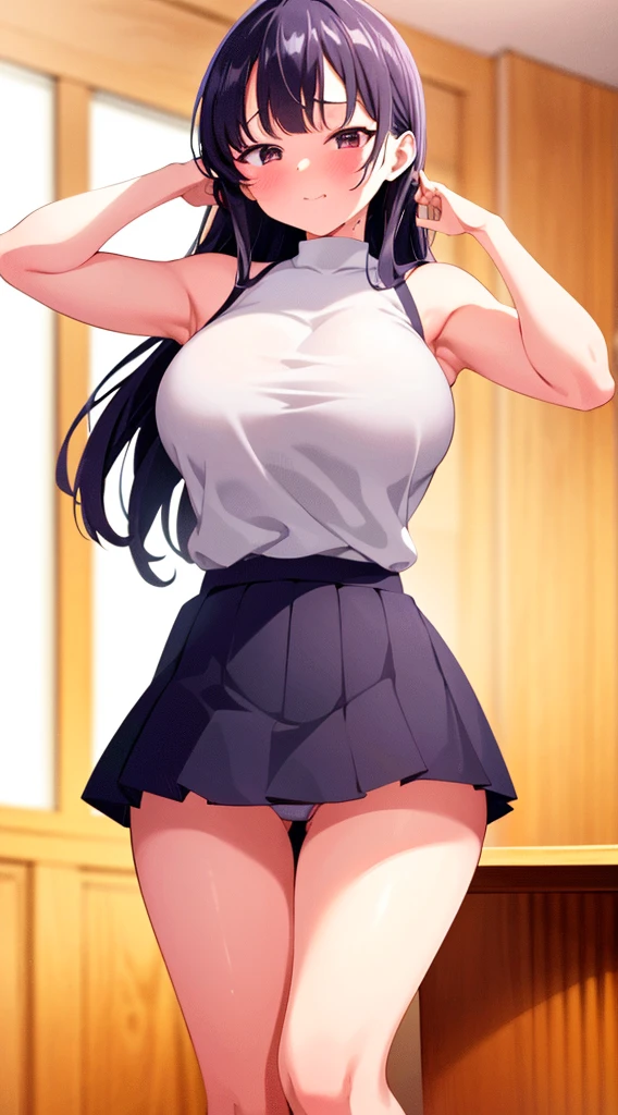 masterpiece, best quality, highres, Yamada Anna, 1girl, solo, busty, large breasts, black hair, long hair, sport bra, short skirt, looking at viewer, full body, standing, simple background, (erotic pose:1.4), blush, flustered, (panties exposed:1.3), ((arms behind head, double armpits, standing)), Half body, upper body, In the middle, symmetrical,