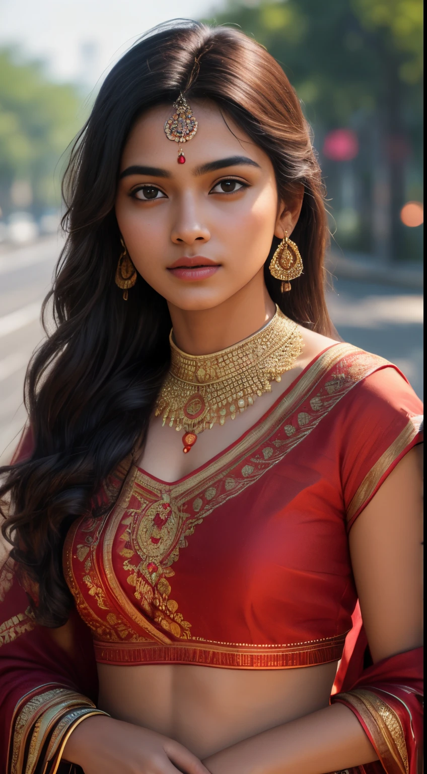 young Indian girl, 18-year-old, red traditional top, gentle lighting, intricate facial details, flawless complexion, elegant posture, top-notch 3D rendering, hyper-realistic, shot on Indian road. photorealistic digital art trending on Artstation 8k HD high definition detailed realistic, detailed, skin texture, hyper detailed, realistic skin texture, armature, best quality, ultra high res, (photorealistic:1.4),, high resolution, detailed, raw photo, 400 camera f1.6 lens rich colors hyper realistic lifelike texture dramatic lighting unrealengine trending on artstation cinestill 800