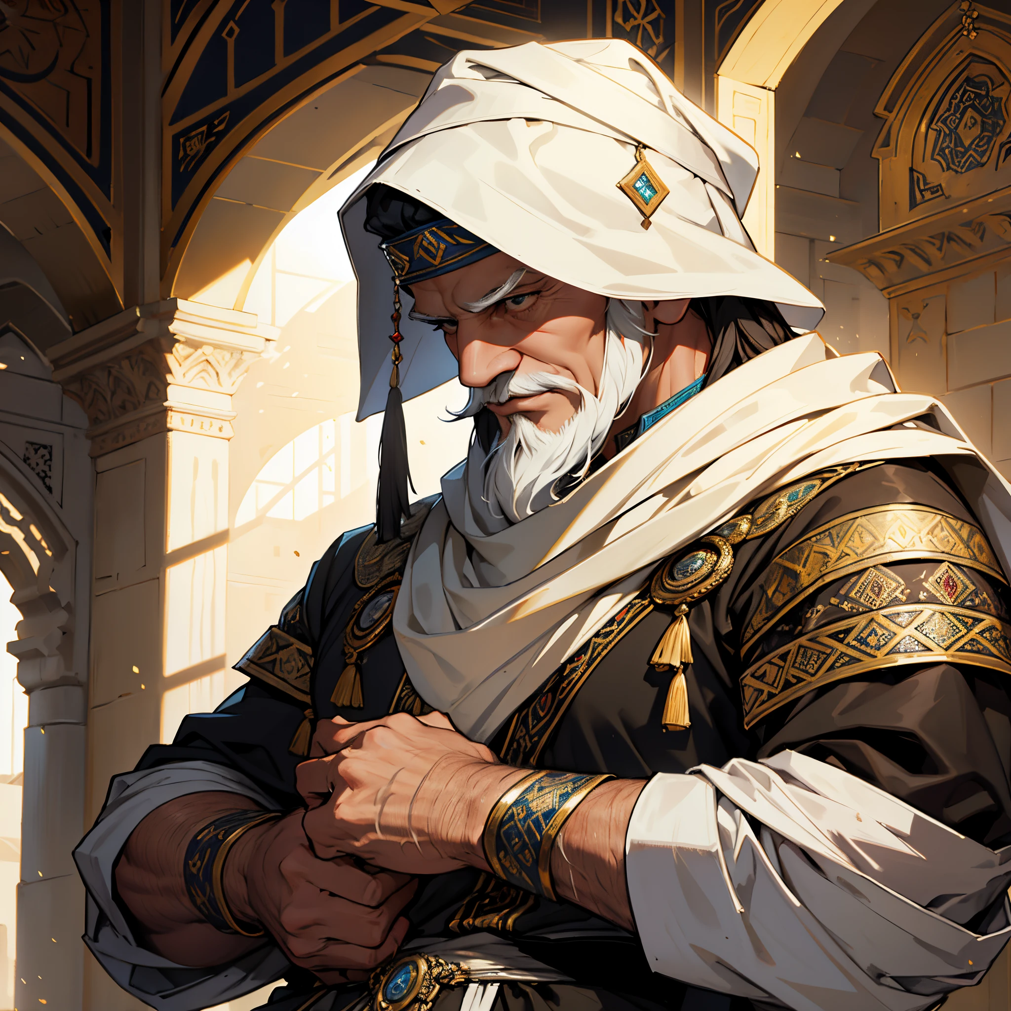 masterpiece, Best Quality, perfect work, 4k, Ottoman Turk elderly warrior(1 person), Background with: Background with: Inside the mosque with light coming in,