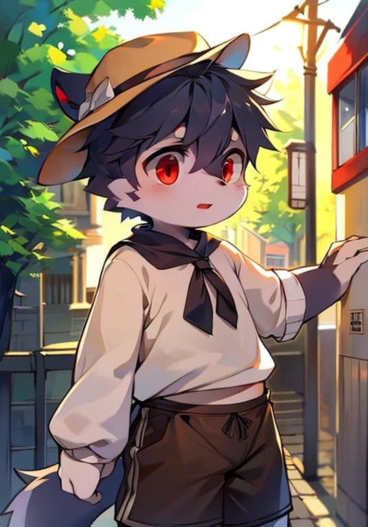 The streets of London at the beginning of the twentieth century,Cute wolf, boy,slimfigure,Black fur,Red eyes,bright morning sunshine,Brown newsboy hat,white short blouse,brown shorts,Sell moe,shota,Bright and intelligent eyes(tmasterpiece)(high high quality)(Clear structure)(Clear lines)(Background of extreme detail)(Extremely detailed characters)