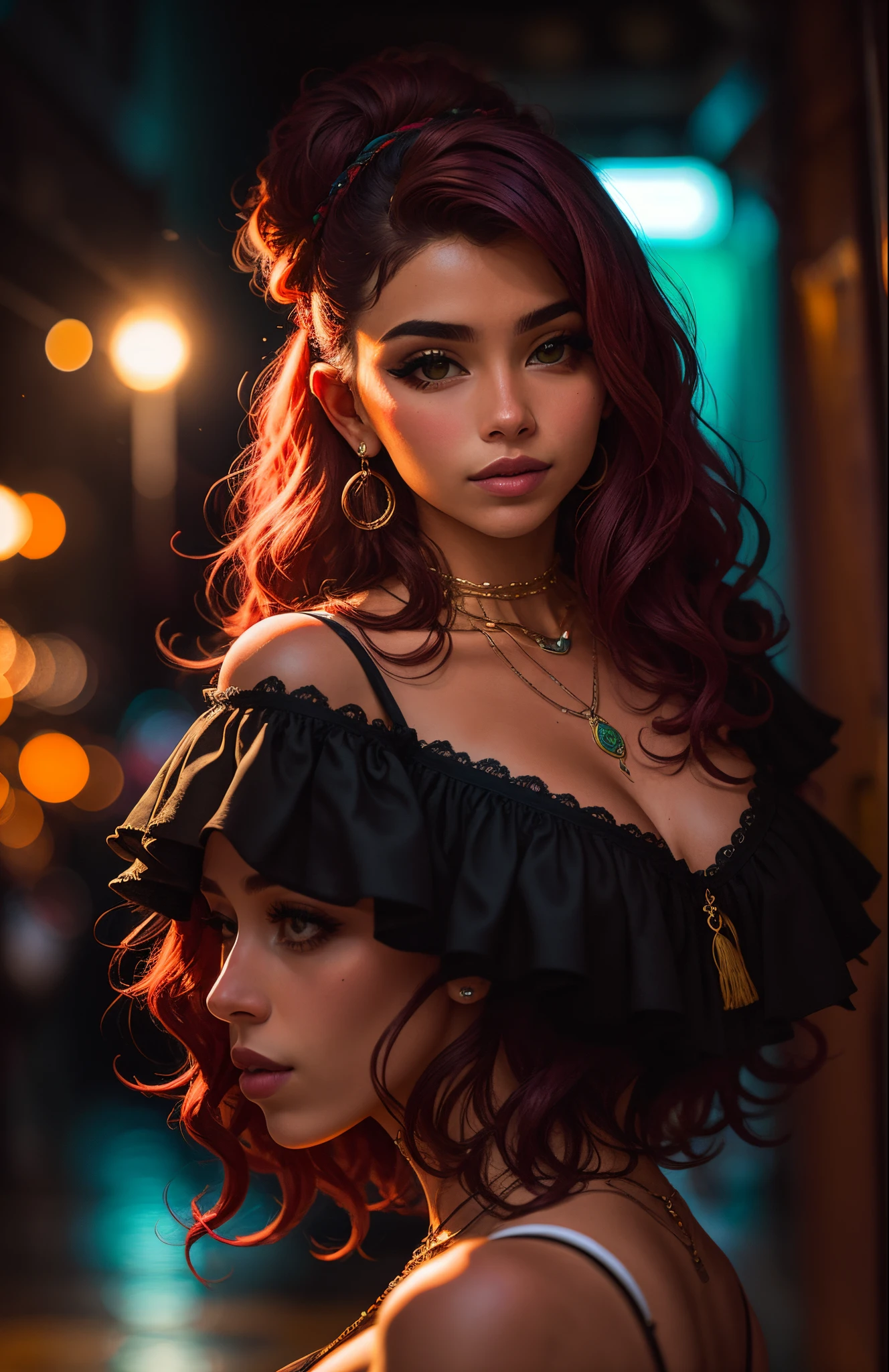 Hasme una mujer bonita de tes mexicana  con cabello rojo oscuro posando para una foto de instagram