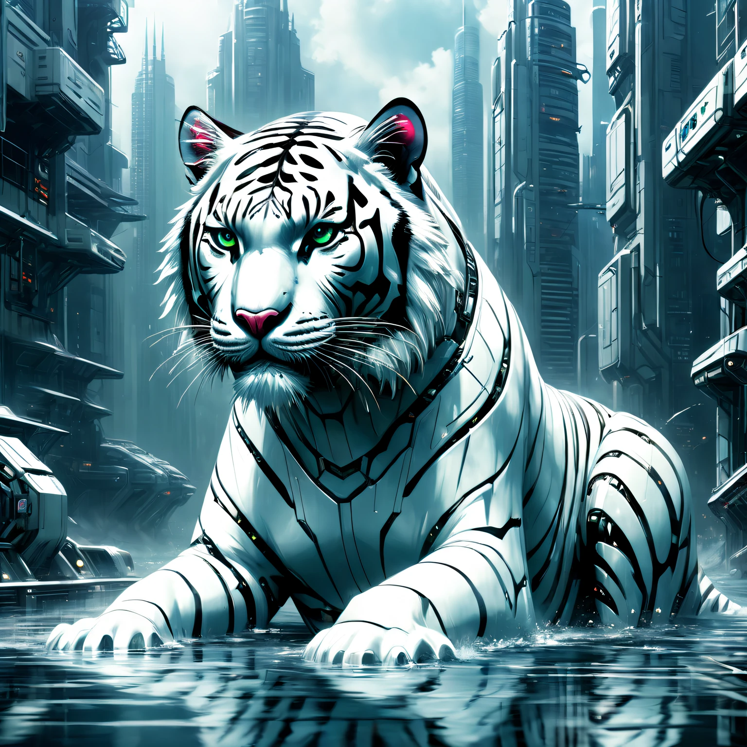 Metal machinery white tiger in water,Futuristic metal white tiger,Mechanical white tiger swimming,White Tiger is made entirely from small metal parts,Precise and complex design,The texture is super delicate,shiny steel body,futuristic urban background,Beautiful sci-fi art, Sci-fi digital art illustration, Digital Cyberpunk Art, science fiction digital painting, futuristic digital painting, futuristic concept art, in front of a sci fi cityscape, science fiction digital art, Advanced digital cyberpunk art, Fantasy Cyberpunk White Tiger。