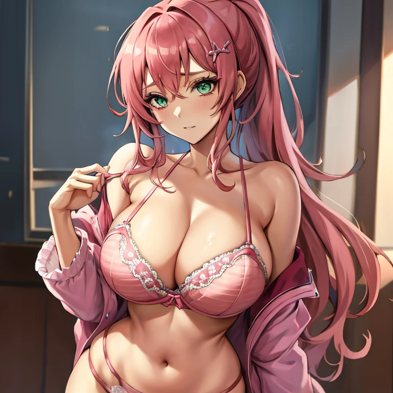 (masutepiece、Best Quality)、Juna Crawford、pink_hair、poneyTail、hair_ornament、green_eyes、1girl in、Open bra、Beautiful eyes、Well-formed face、very large udder、Too big、Lace bra with light pink ruffles、Light pink bra shoulder straps、Light pink lace panties、Big and beautiful nipples、Beautiful areola、beauty legs、a room、is standing、emphasizing breasts、blushed face、Figure-eight eyebrows、Moist eyes、Seduce a man、shame、