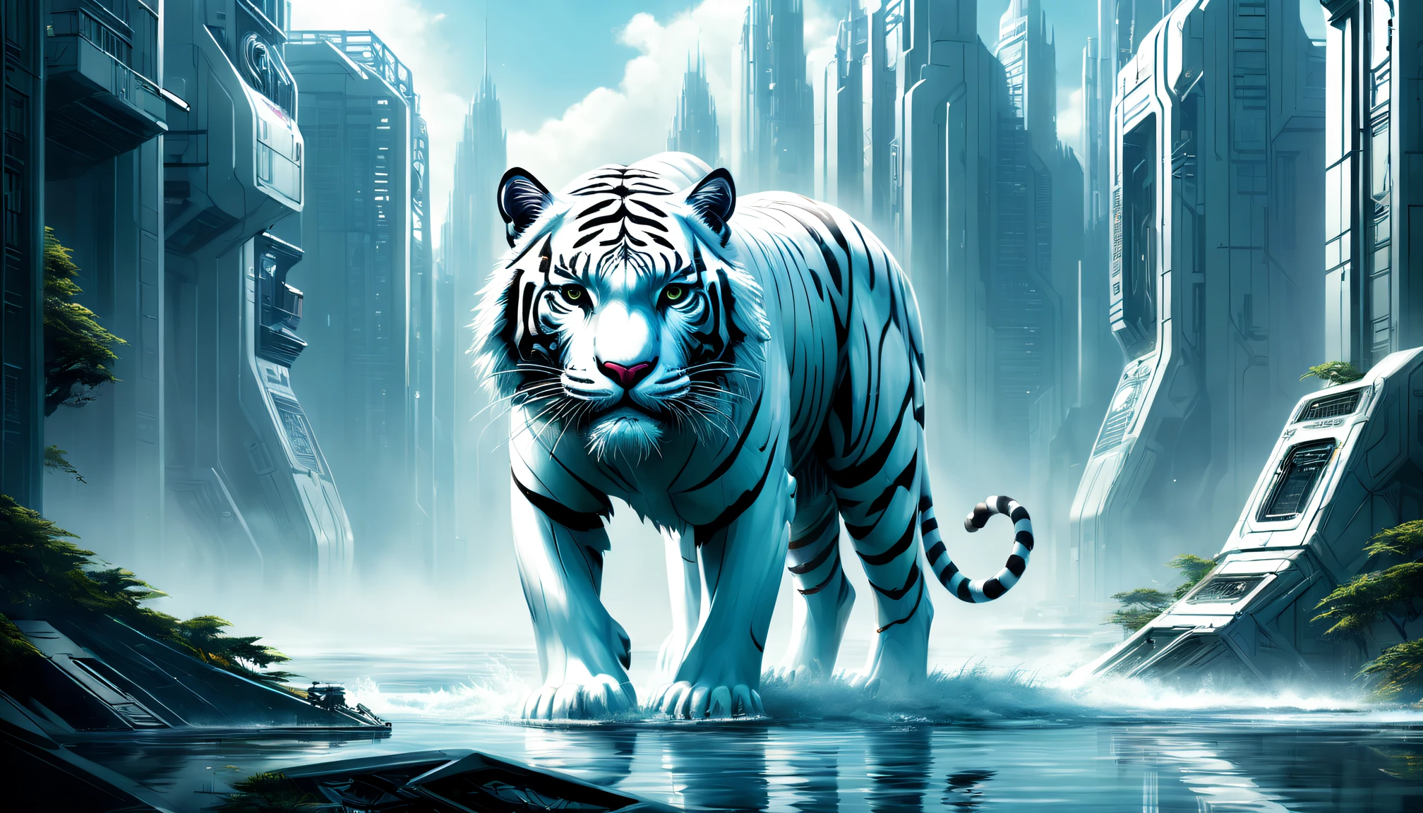 Metal machinery white tiger in water，Futuristic metal white tiger，Mechanical white tiger swimming，White Tiger is made entirely from small metal parts，Precise and complex design,The texture is super delicate,shiny steel body,futuristic urban background，Beautiful sci-fi art, Sci-fi digital art illustration, Digital Cyberpunk Art, science fiction digital painting, futuristic digital painting, futuristic concept art, in front of a sci fi cityscape, science fiction digital art, Advanced digital cyberpunk art, Fantasy Cyberpunk White Tiger。