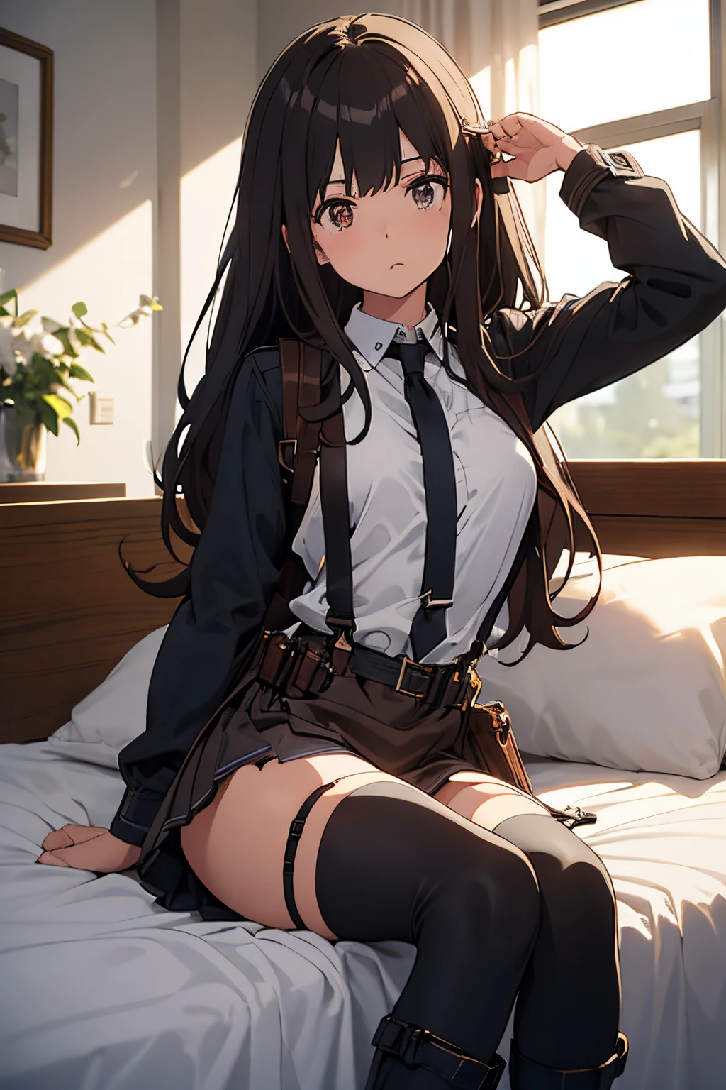 flat-colors、depth of fields、lens flare 1 girl、、Brown hair、watching at viewers　　　black suspenders　　　Bulging big breasts　　 　 　　　walls: 　Black miniskirt　garters　　　　　　Gaze　　　Small face　bangss 　　　　　a belt 　Beautuful Women　hands up　Lying in bed　 　　sideways eyes