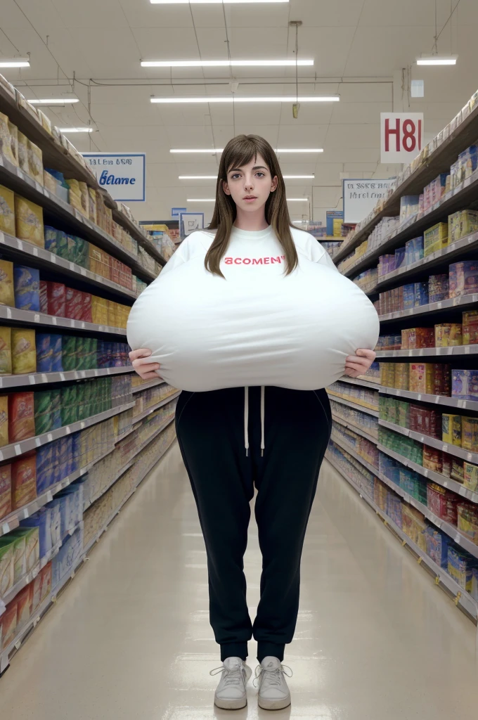 18 years old, young American girl, Anne Hathaway, (long legs:1.1), (tall:1.3), thin, slim, (very long hair:1.2), old grocery store, store shelves, sweatshirt, sweat pants, clothed, sneakers, (massive enormous gigantic colossal breasts:1.42), 8k uhd