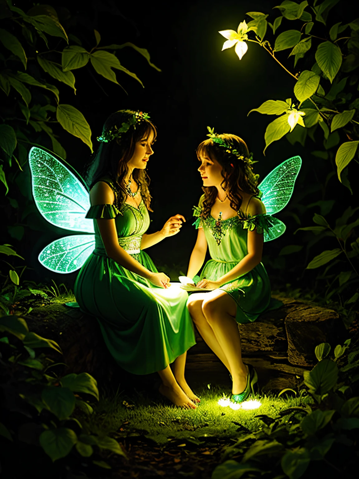 a fairy and her mum fairy sitting on a leaf glowing in dark