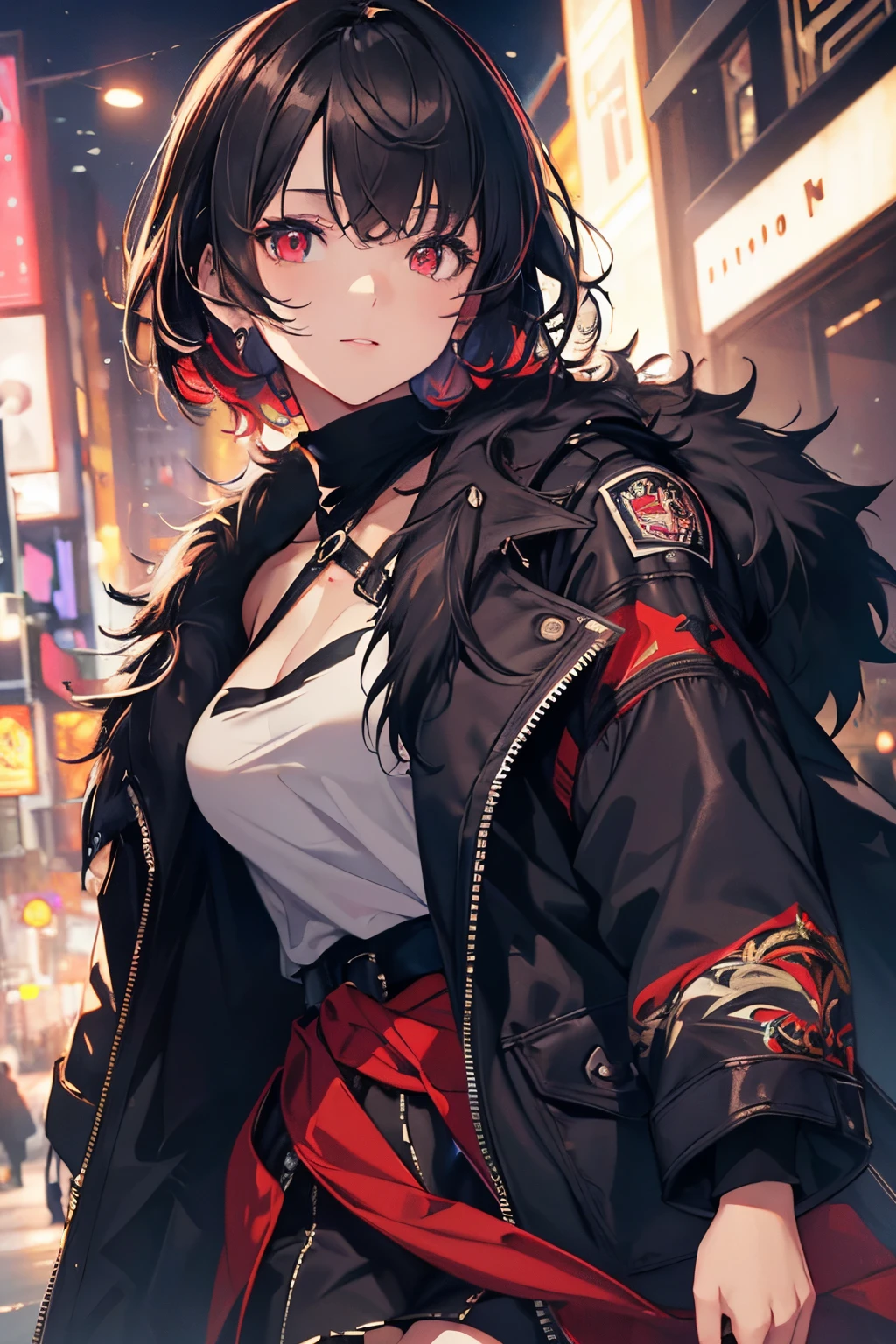 (best quality,highres,masterpiece:1.2),realistic, vibrant colors, soft lighting, detailed eyes and face, fashionable outfit, confident expression, black short hair, red eyes, shaggy coat, girl, portrait