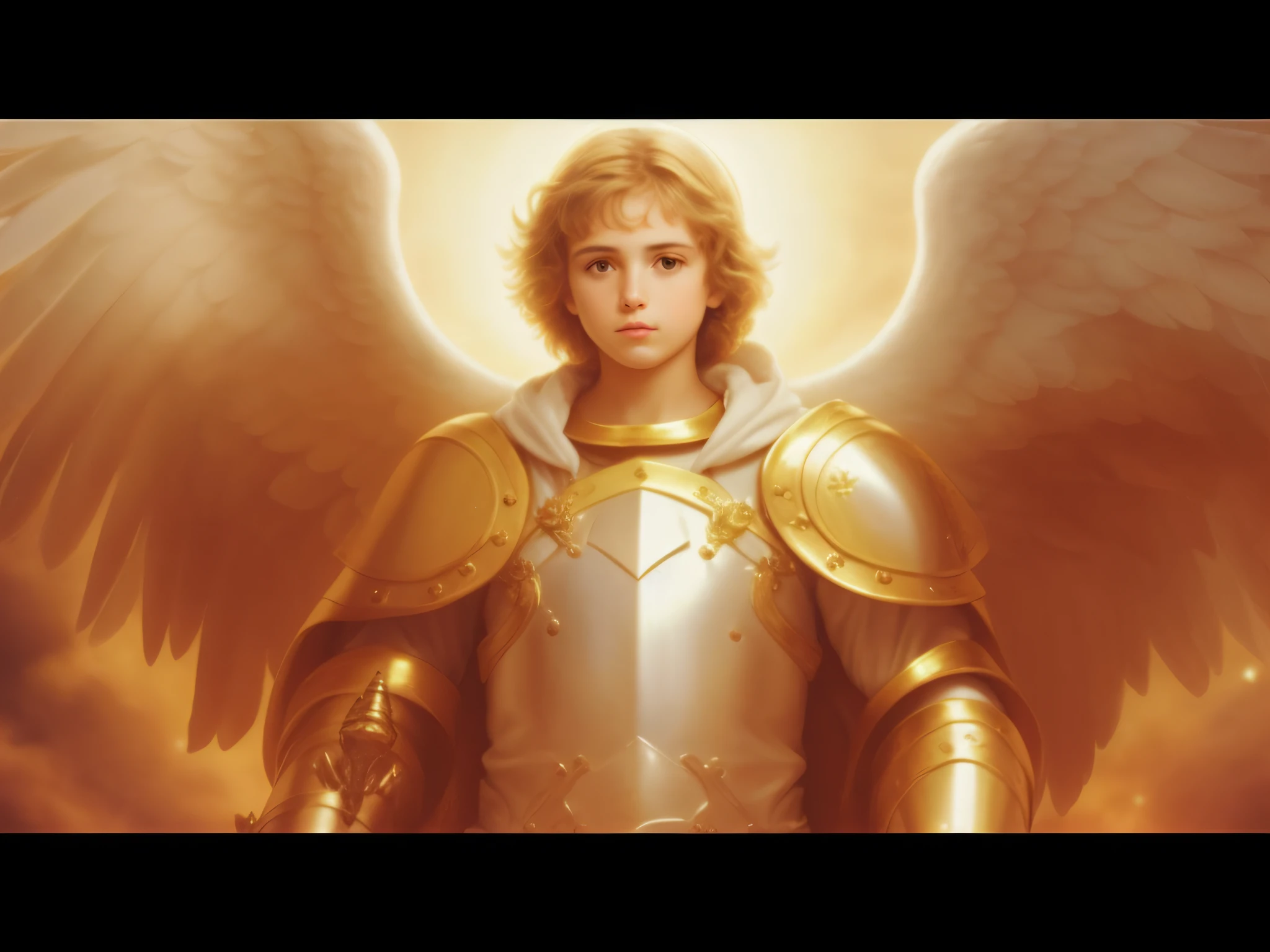 um homem de armadura com asas e uma espada, Arcanjo Miguel, Armadura Dourada Angelical, arcanjo, saint michael the angel, gold gates of heaven!!!!!!!!, cheio de pinturas de anjos, angel in plastic armor, biblical accurate angel, angel spirit guide, de anjo lindo, angelic, anjo protegendo o homem, anjo bonito, angels protecting a praying man