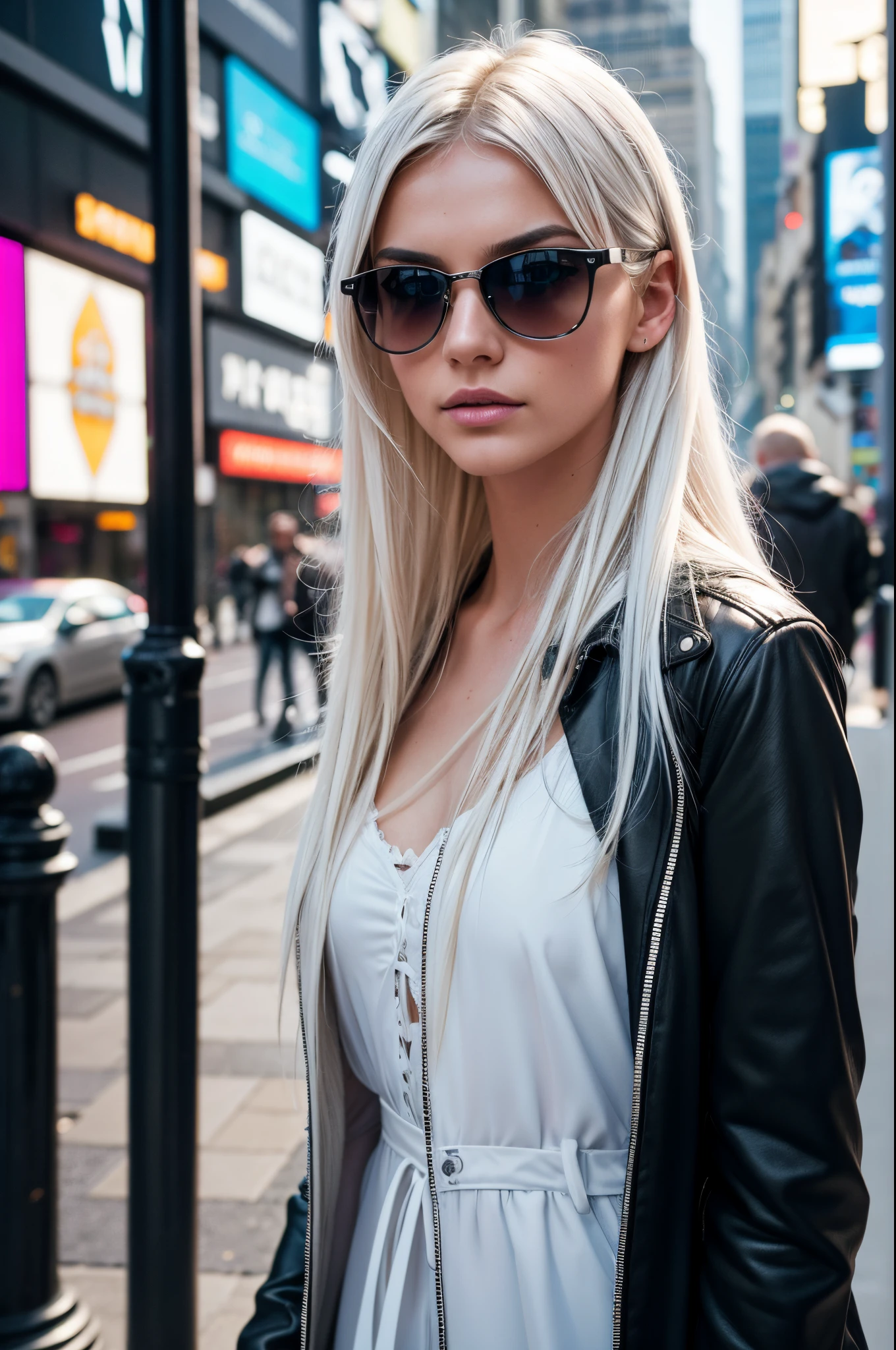 White hair, White hair, glowing hair, Detailed hair, Messy hair, Blue Eyes, beautidful eyes, extremely detailed eyes and face, Beautiful detailed eyes, Ultra-detailed, light on the face, Fair skin, a 18 year old girl, Arafe(Arafe) Swedish female model walking down a busy city street in dress......, Fashion model ratio, model poses, sunglasses that shed tears, digital art, In Paris, standing in paris, Street photography in 4x5 style, Street Photography, street photography style, Filmed with Hasselblad, Filmed in Hasselblad, ((Anamorphic lenses)), (lens flares), chanel advertising, In Times Square, Street Photography, Street Photography, kodak 400tx, mesmerizing, (Low Key), detailed, s whole body, Perfect nose, Detailed nose, Beautiful Nose